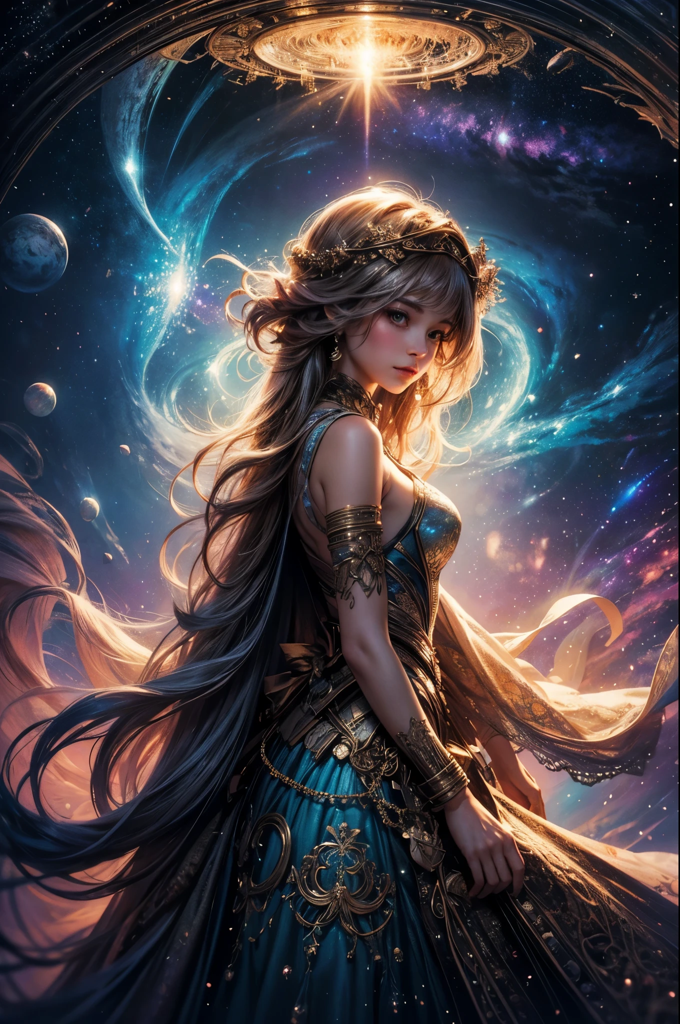Highly detailed illustration of a hidden world inside a woman's head, atmosphere, galaxies in the background, whimsical lighting, enchanted ambiance, soft textures, artwork, ethereal glow, vibrant background, ruler third party, high quality, high details, backlight