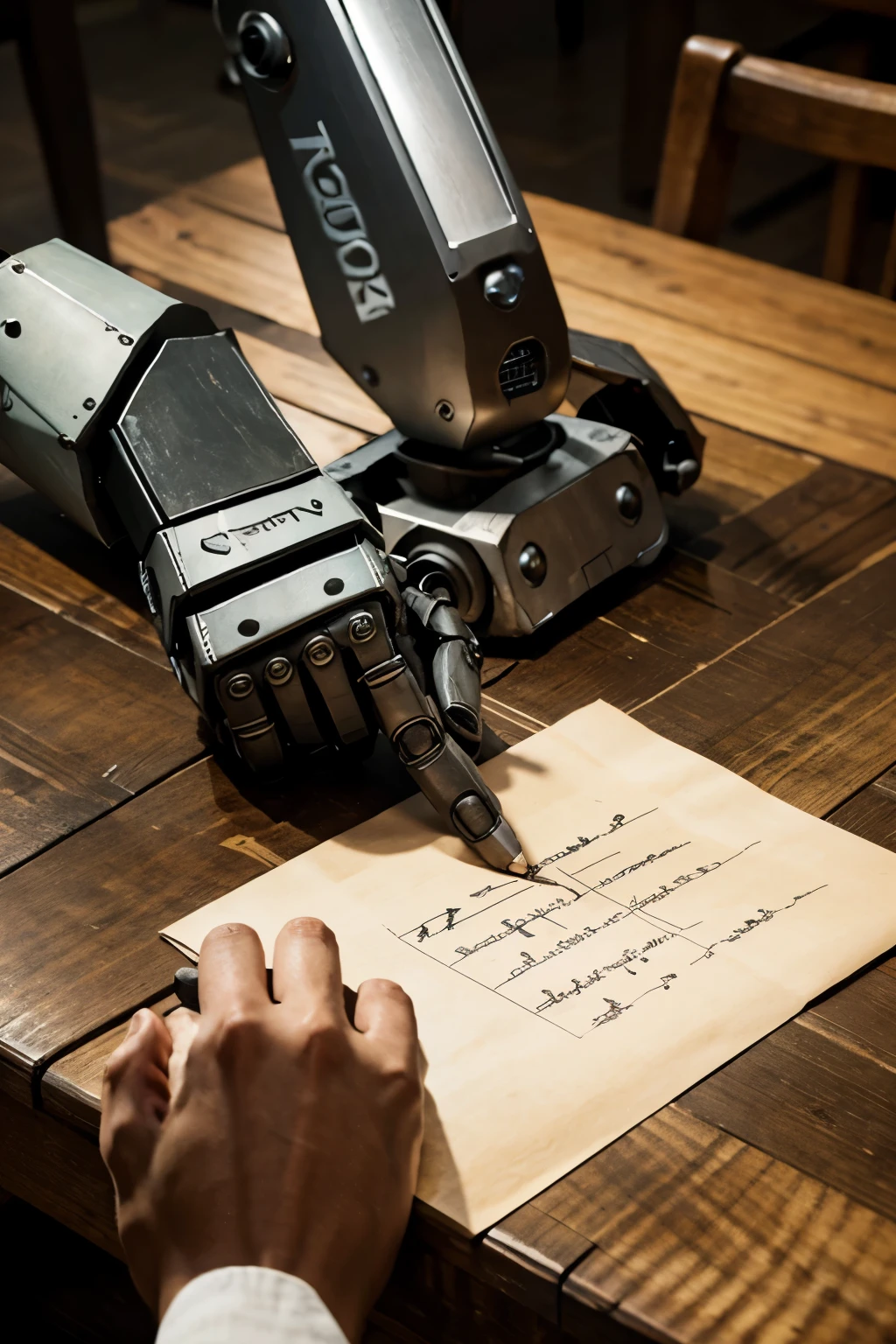 robot hand writing on old paper on wooden table