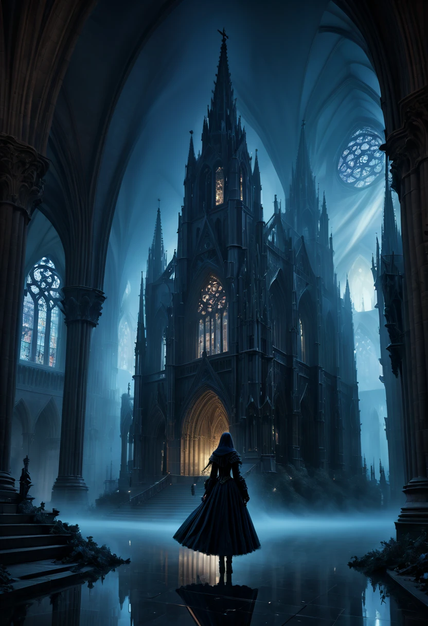 1girl, gothic aesthetic, insanely_detailed view of a holy divine gothic_cathedral full_of gargoils; intricate night_scene, detailed medieval fantasy background, hyperdetailed; by Kim Keever Antoine Collignon Wadim Kashin Tim Burton Peter Mohrbacher, realism; incredible composition; dynamic lighting; meticulously composed concept art, indigo, fascinating stars, masterpiece, mystic fog, digital illustration, Reflections, cell-shaded, Volumetric lighting
