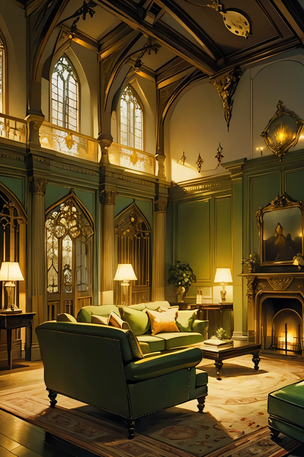 Interior, victorian Manor with reliquies, (((Nigth))), (((moonligth enters the living room))) soft pale orange palette, soft green secundary exterior ligth