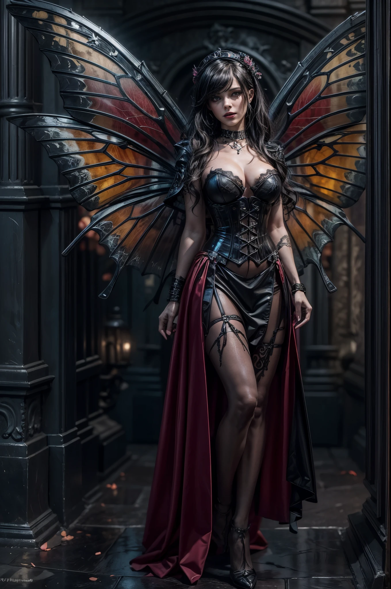 high details, best quality, 16k, RAW, [best detailed], masterpiece, best quality, (extremely detailed), full body, ultra wide shot, photorealistic, dark fantasy art, goth art, RPG art, D&D art, a picture of a dark female fairy in a goth church extremely beautiful fairy, ultra feminine (intense details, Masterpiece, best quality), best detailed face (intense details, Masterpiece, best quality), having wide butterfly wings, spread butterfly wings (intense details, Masterpiece, best quality), dark colors wings (intense details, Masterpiece, best quality), black hair, long hair, shinning hair, flowing hair, dark smile, wicked smile, blue eyes, dark red lips, wearing [red] dress latex corset (intense details, Masterpiece, best quality), dynamic elegant dress bondage gear, chocker, wearing high heels, (intense details, Masterpiece, best quality) a dark goth era street background, dim light, cinematic light, gaslight lamp light, High Detail, Ultra High Quality, High Resolution, 16K Resolution, Ultra HD Pictures, 3D rendering Ultra Realistic, Clear Details, Realistic Detail, Ultra High Definition hihelz