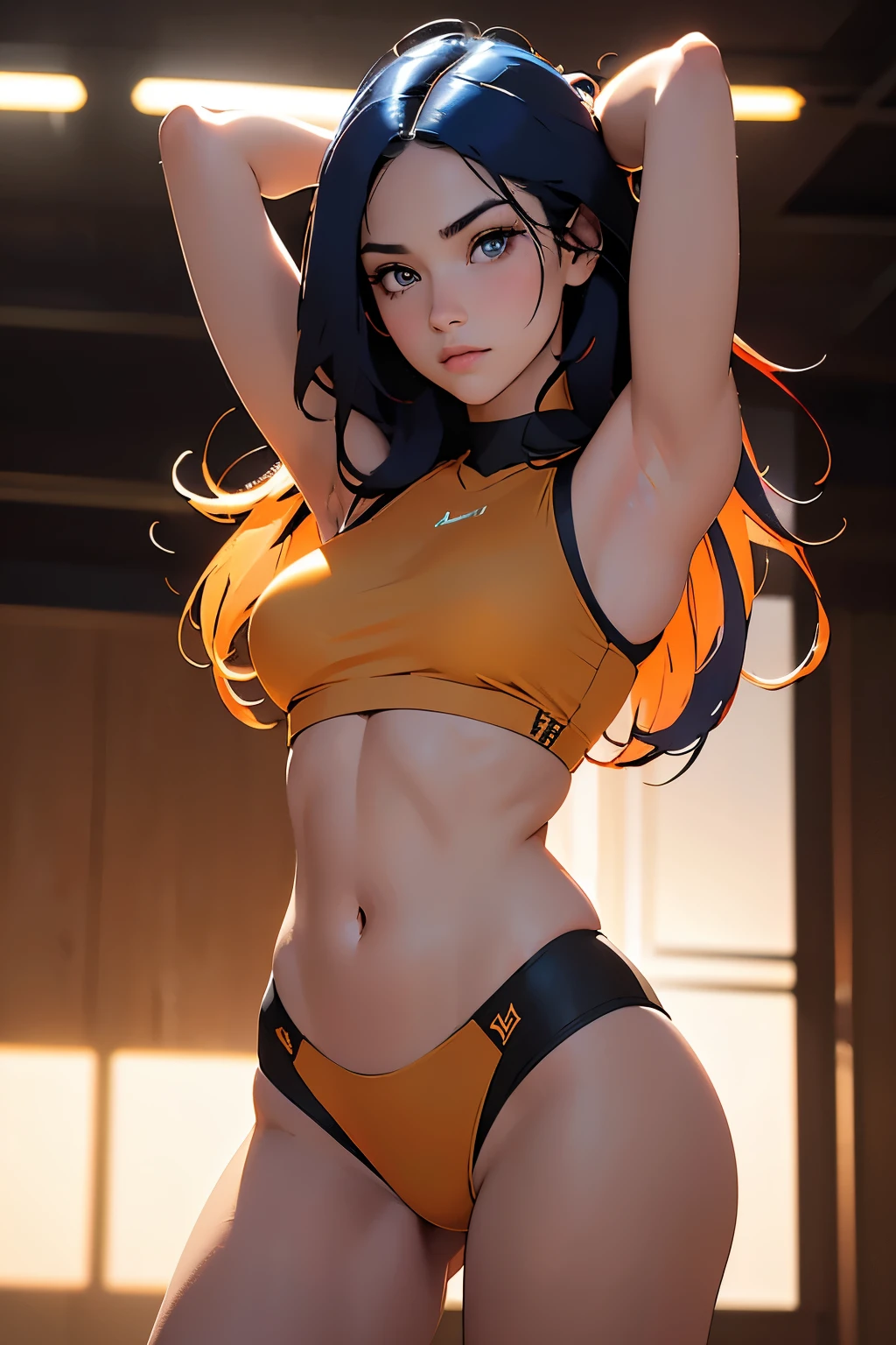 (masterpiece), best quality, beautiful woman, expressive eyes, perfect face,1 woman, a movie still of a sexy cheerleader with perfect symmetrical face, hot, gorgeous, young (Latina:1.3), sweat, dynamic lighting, elden ring, photorealistic, bokeh background, ((mulitcolored hair:1.2)), ((hands out of frame:1.6)), medium breasts, midriff, rembrandt lighting, facing slightly away from camera, full body in frame, legs in frame, face in frame, full body photo, abs, fit, long flowing hair, realistic, modelshoot style, facing away from camera, edgy, (visible camel toe:1.2), symmetrical eyes, gym lights in background, ((sexy expression:1.2)), soft light, strong linework, ((cel shaded style)), line art, simple background, modernism, natural style, neon, detailed iris, (first person point of view:1.3), anime