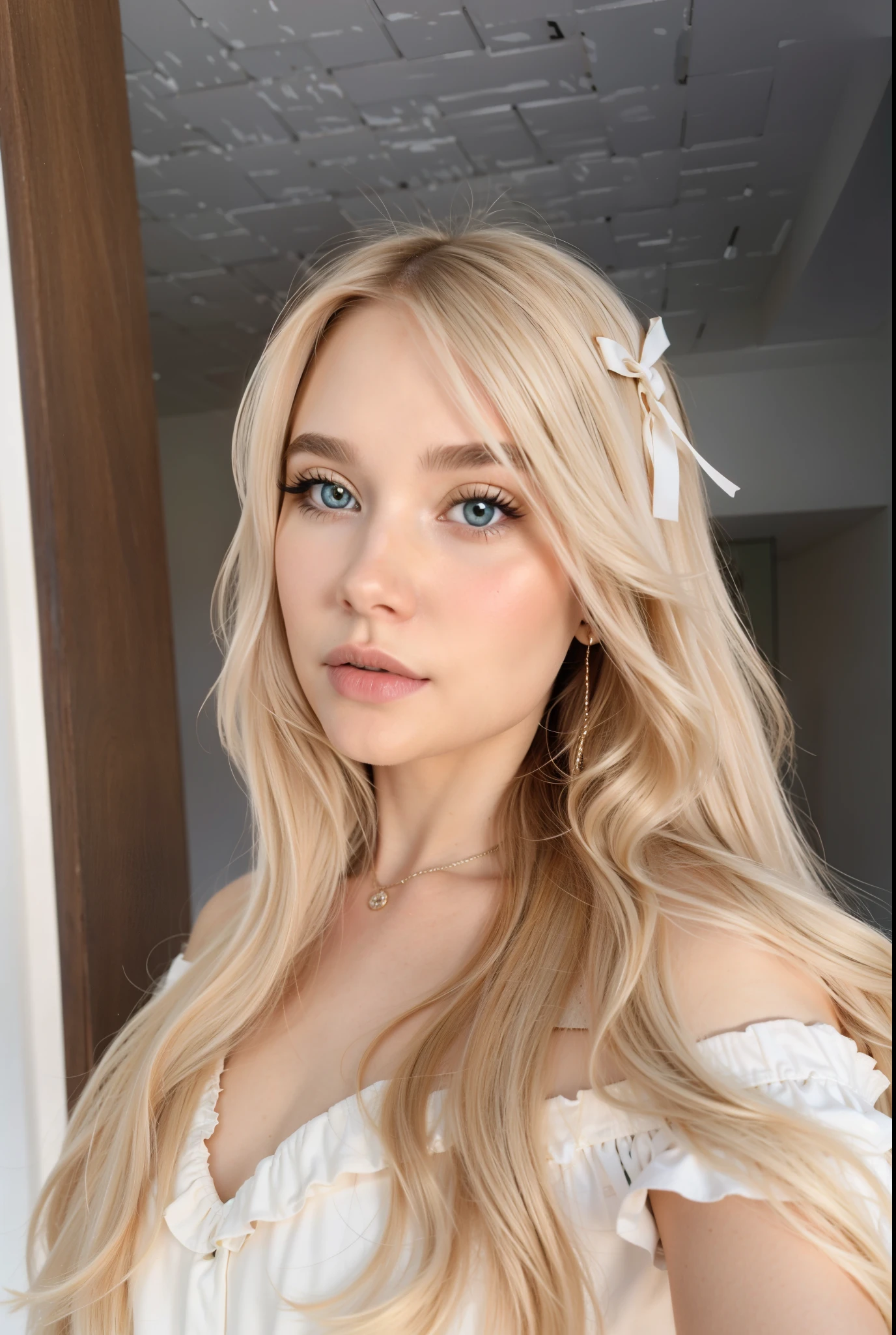 um close up de uma mulher con pelo largo y rubio usando um vestido branco, longos cabello rubio y ojos grandes, longos cabello rubio y ojos grandes, Retrato de Kim Petras, linda delfina, cabello rubio y ojos grandes, una chica con cabello rubio, diosa rubia, ava max, pale skin curly blonde hair, con pelo largo y rubio,  hermosa rubia, una hermosa rubia