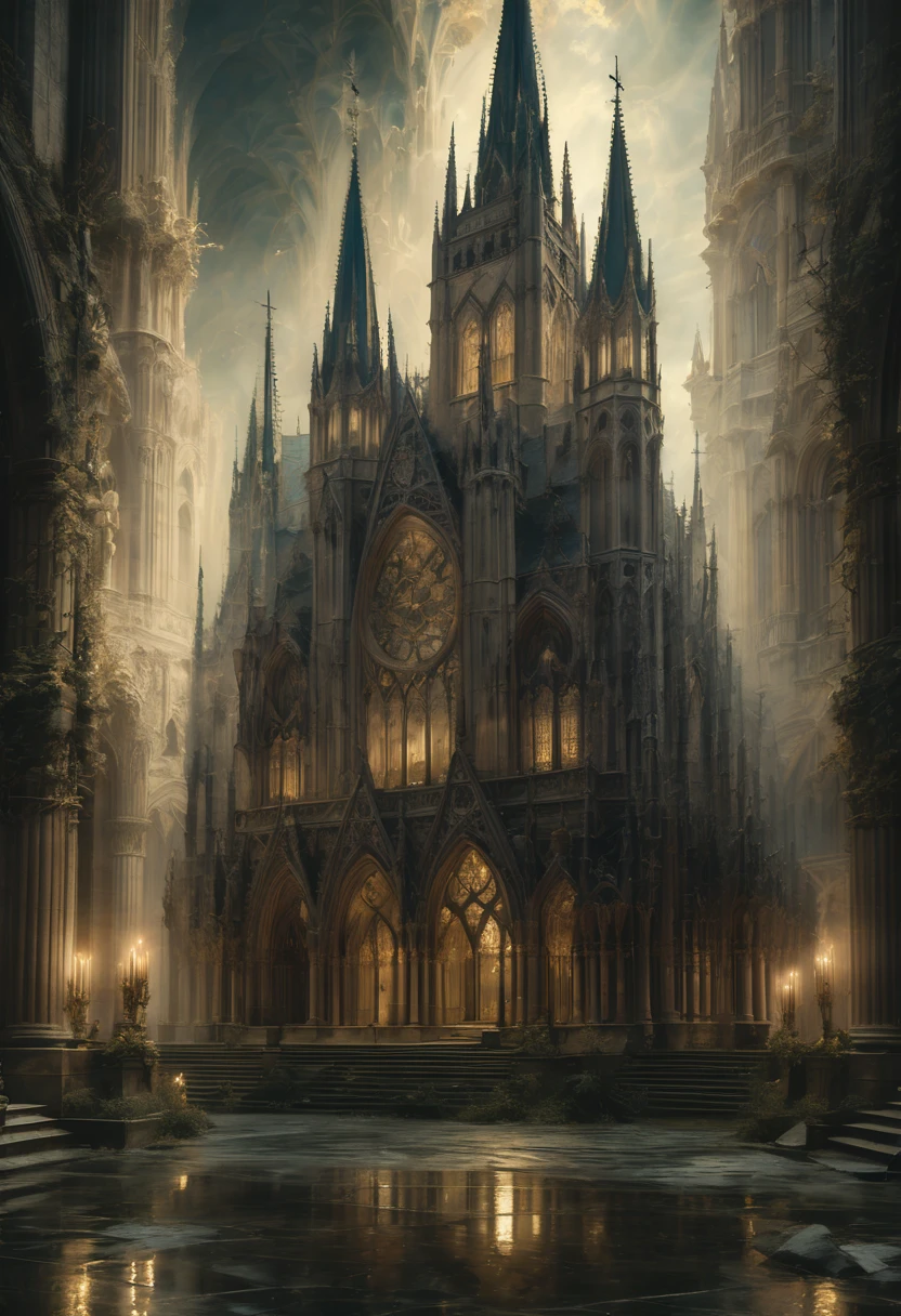 1girl, gothic aesthetic, insanely_detailed view of a holy divine gothic_cathedral full_of gargoils; intricate night_scene, detailed medieval fantasy background, hyperdetailed; by Kim Keever Antoine Collignon Wadim Kashin Tim Burton Peter Mohrbacher, realism; incredible composition; dynamic lighting; meticulously composed concept art, indigo, fascinating stars, masterpiece, mystic fog, digital illustration, Reflections, cell-shaded, Volumetric lighting