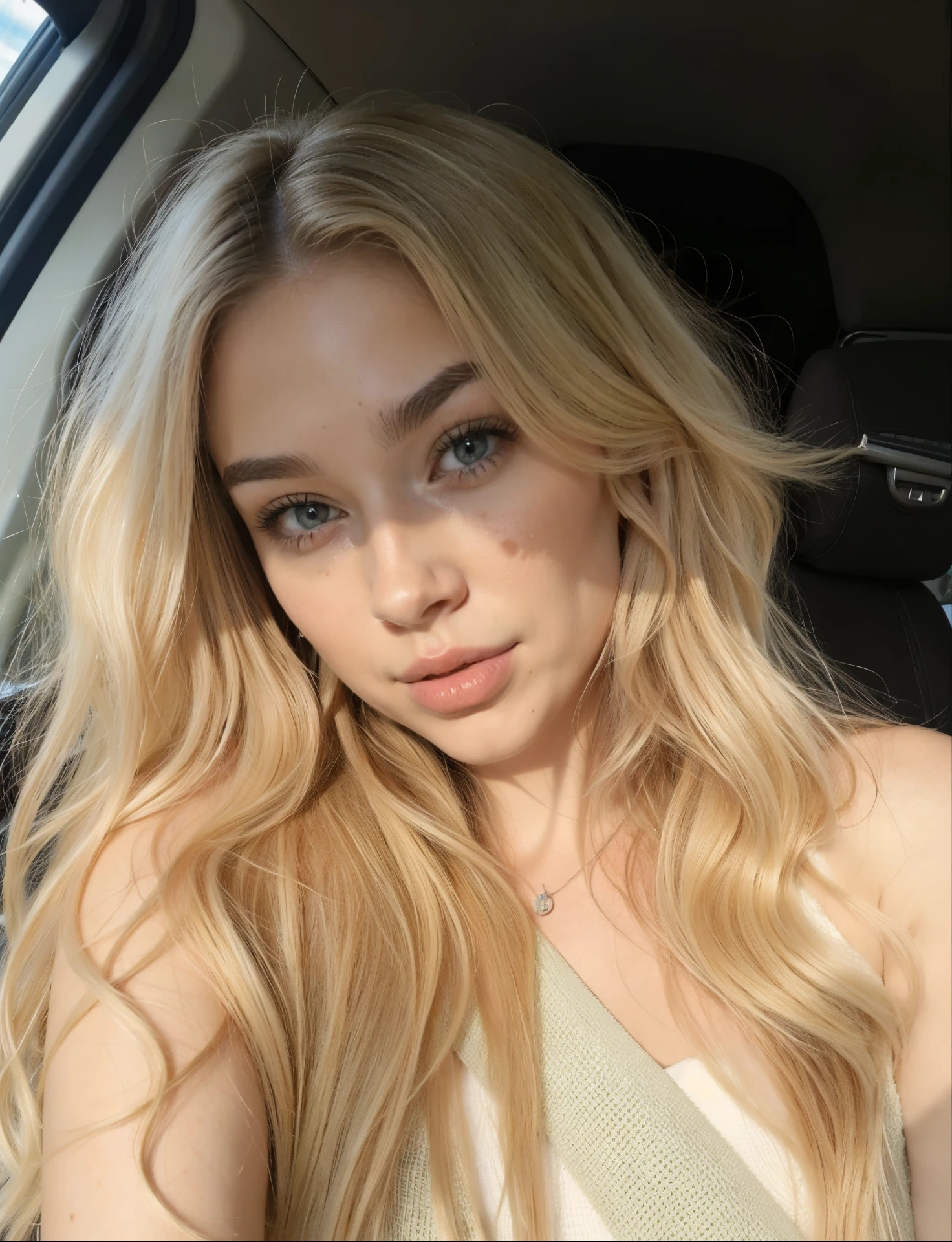 Mujer rubia con pelo largo sentada en un coche, longos cabello rubio y ojos grandes, cara extremadamente hermosa, pale skin curly blonde hair, longos cabello rubio y ojos grandes, cara muy bonita, hermosa chica rubia, uno con cabello rubio, cabello rubio y ojos grandes, hermosa joven modelo, cara perfecta ), hermoso rostro delicado, pale, shiny skin, con pelo largo y rubio