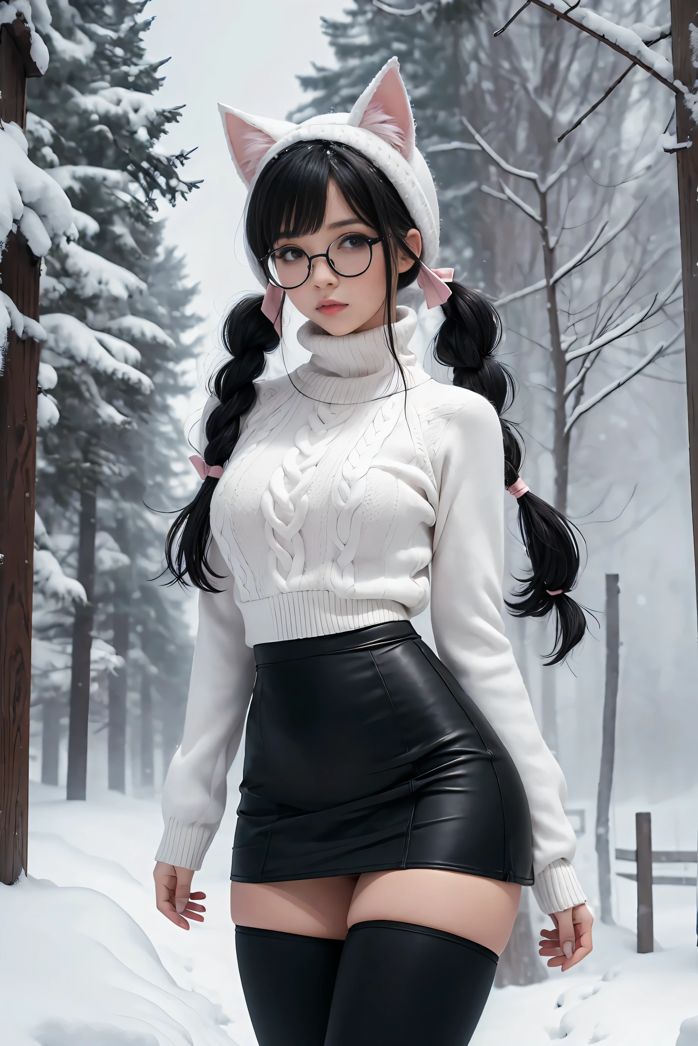 (Best Quality,High resolution:1.2), Ultra-detailed, Realistic portrait, hot Russian girl, pretty face, perfect long legs, full body, tiny waist. large breasts, standing, tight white cropped jumper, black high waist leggings, pink and white snow boots, in the snow, large blue eyes, long black hair tied up with a ribbon, pigtails, tight high waist mini skirt, woolen socks, hair bangs, snowing, foggy, (large round black rimmed glasses), cat ears