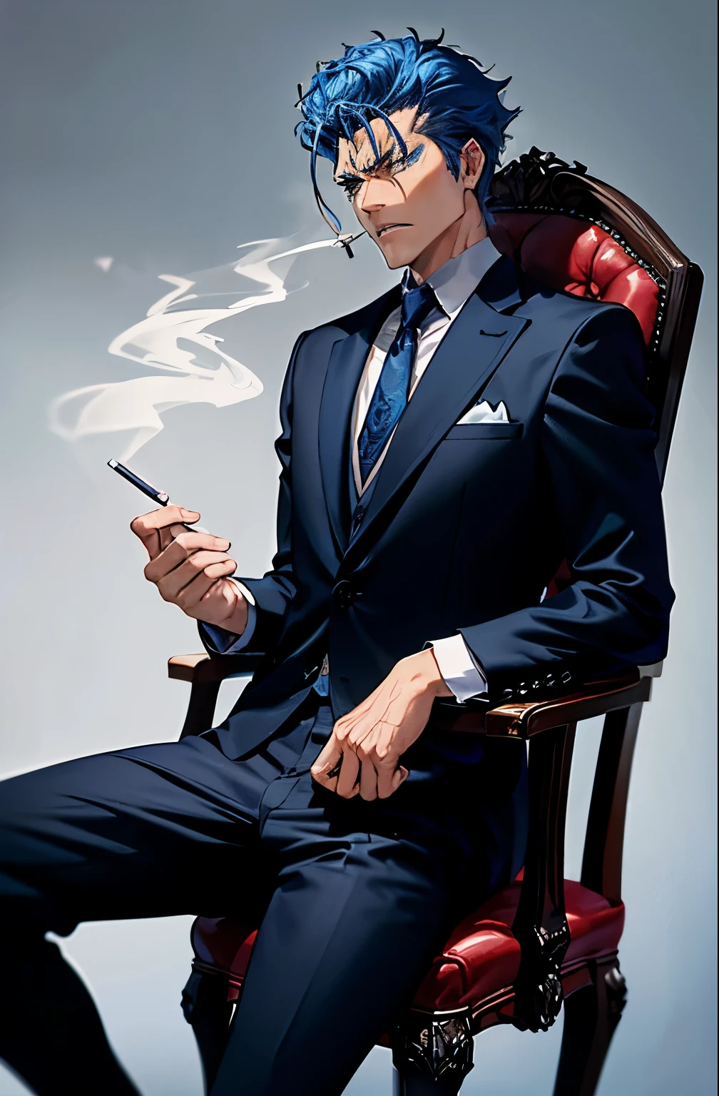 mafia boss,wearing formal suit, setting on the chair, holding  a cigarette, scar on his face , short and blue hair, looks angry, ego face, background, office.