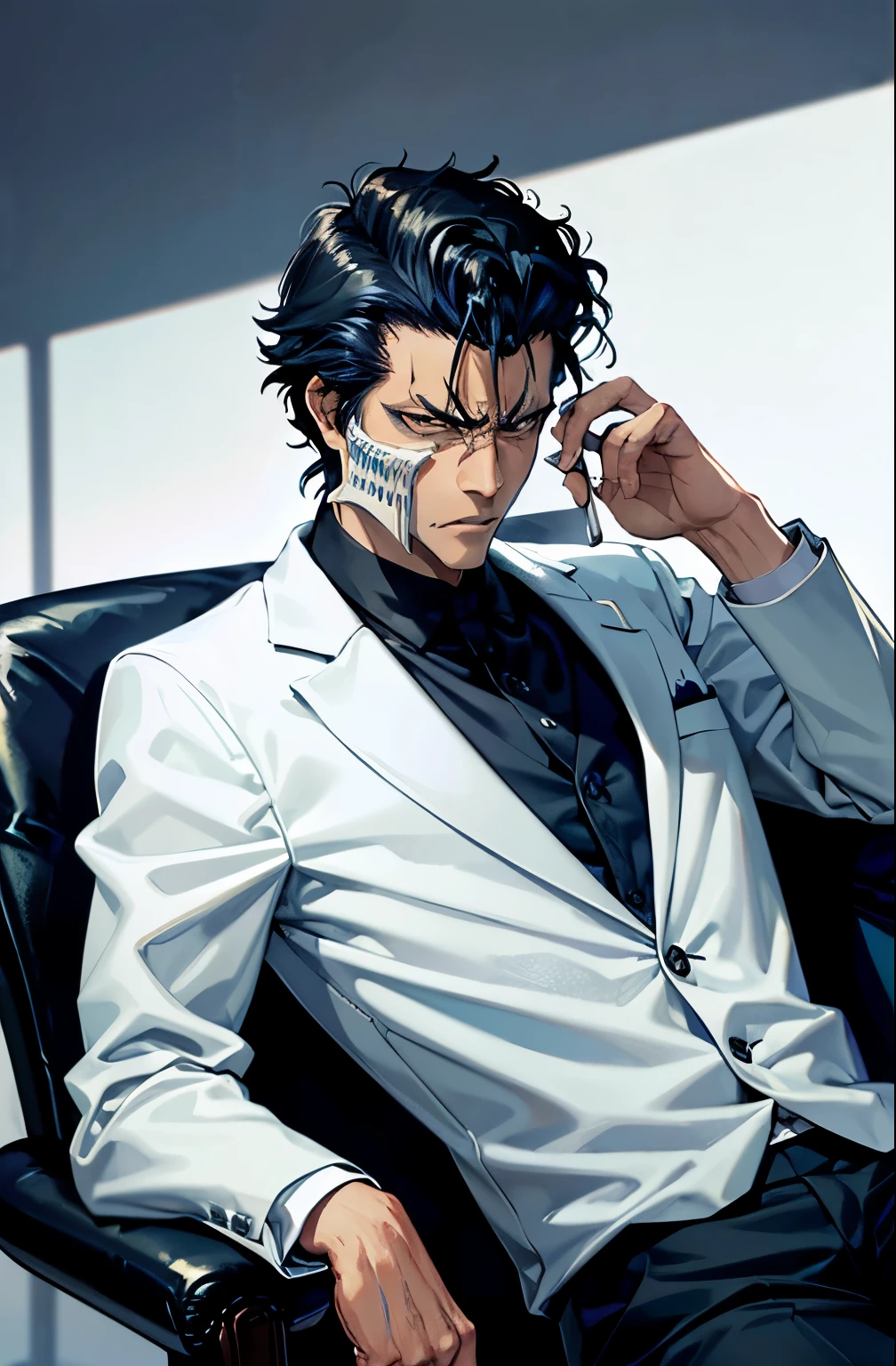 mafia boss,wearing formal suit, setting on the chair, holding  a cigarette, scar on his face , short and black hair, looks angry, ego face, background, office.