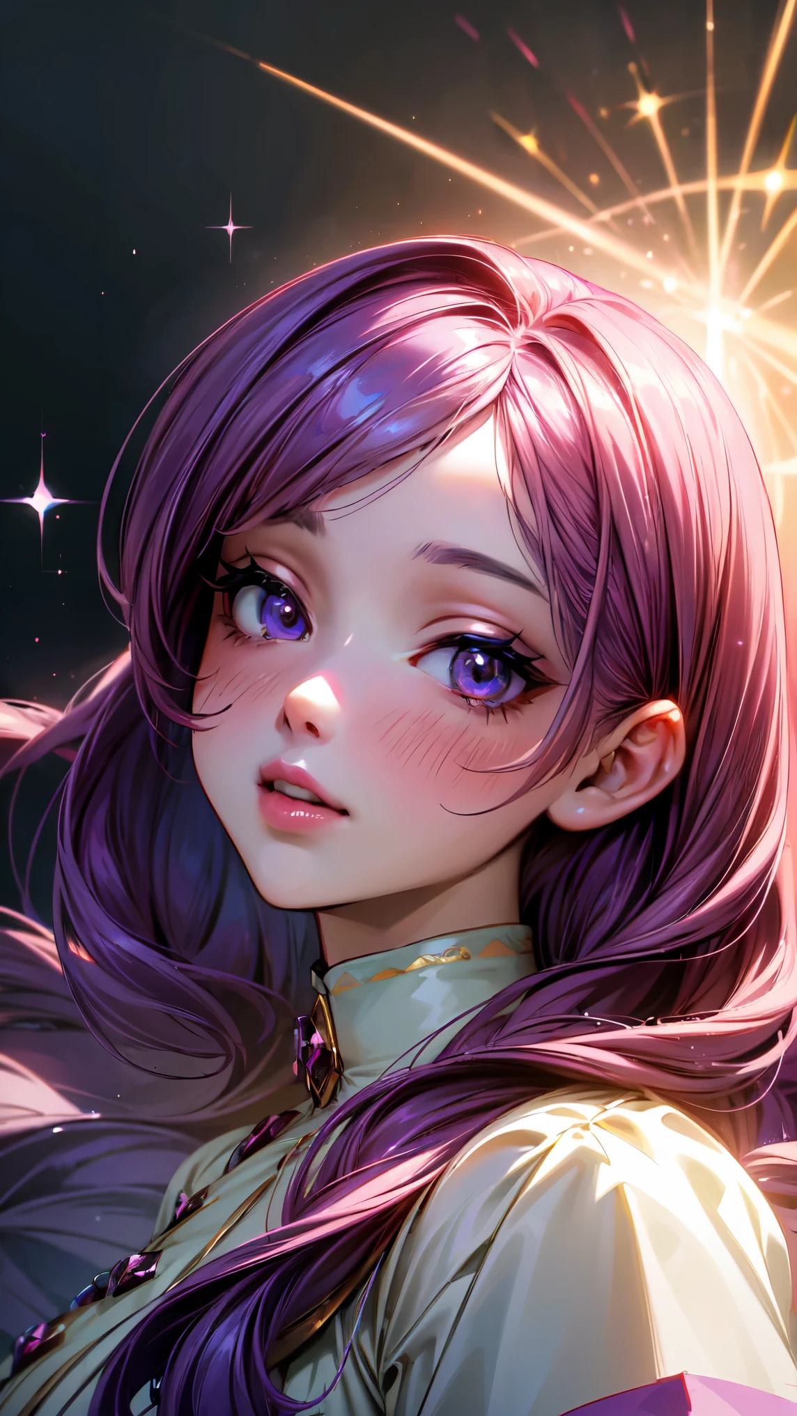 (masterpiece, best quality, ultra high res, beautiful detailed hair detailed face, perfect feminine face), cute anime girl in blouse wearing, purple long hair, purple eyes, almond-shape eyes, big red lips, flushed, blushed, light particle, sparkling particle