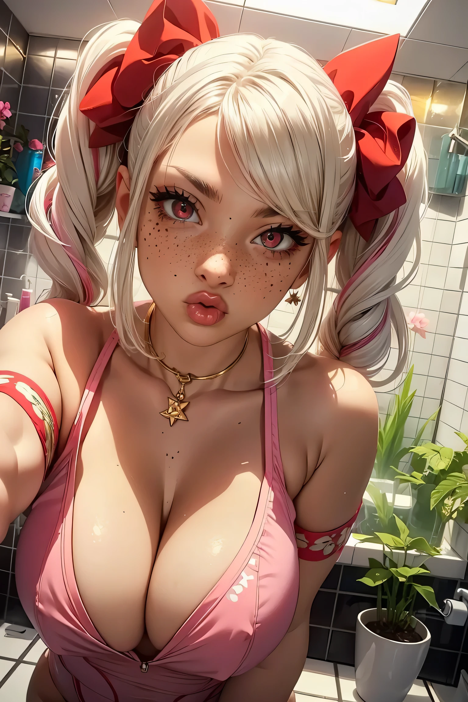 (1girl), red eyes, white hair, pigtails, freckles on nose, long hair, x ornament, big lips, pretty lips, ((gyaru)), gyaru hairstyle, ornaments, bodysuit, seductive anime girl, thicc, cute anime, bathroom, plant, ceiling, pink bathroom, lipgloss. lip focussed, lips, lip focus