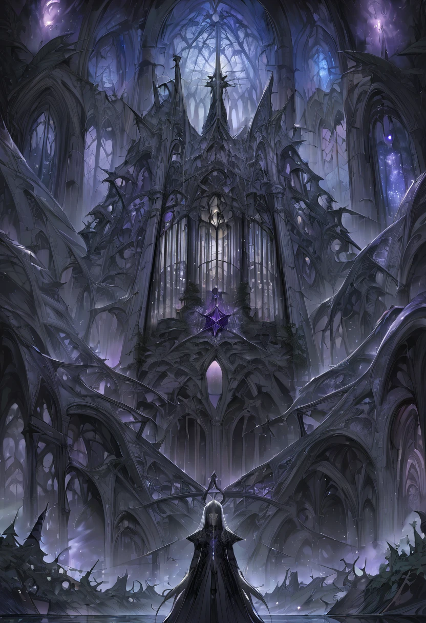 1girl, gothic aesthetic, insanely_detailed view of a holy divine gothic_cathedral full_of gargoils; intricate night_scene, detailed medieval fantasy background, hyperdetailed; by Kim Keever Antoine Collignon Wadim Kashin Tim Burton Peter Mohrbacher, realism; incredible composition; dynamic lighting; meticulously composed concept art, indigo, fascinating stars, masterpiece, mystic fog, digital illustration, Reflections, cell-shaded, Volumetric lighting