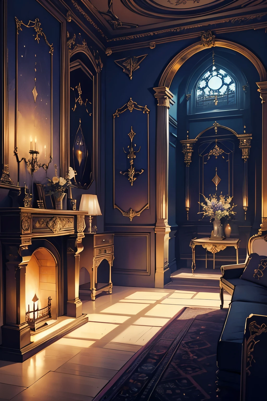 Interior, victorian Manor with reliquies, (((Nigth))), (((moonligth enters the living room))) soft pale orange palette, soft violet secundary exterior ligth