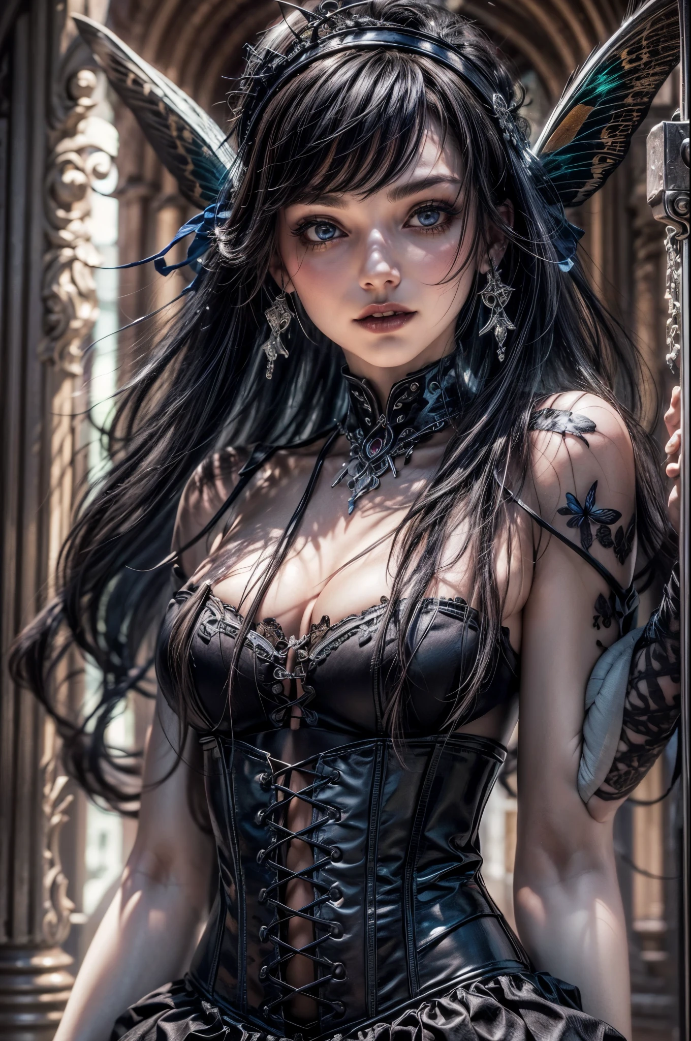 high details, best quality, 16k, RAW, [best detailed], masterpiece, best quality, (extremely detailed), full body, ultra wide shot, photorealistic, dark fantasy art, goth art, RPG art, D&D art, a picture of a dark female fairy in a goth church extremely beautiful fairy, ultra feminine (intense details, Masterpiece, best quality), best detailed face (intense details, Masterpiece, best quality), having wide butterfly wings, spread butterfly wings (intense details, Masterpiece, best quality), dark colors wings (intense details, Masterpiece, best quality), black hair, long hair, shinning hair, flowing hair, dark smile, wicked smile, blue eyes, dark red lips, wearing [red] dress latex corset (intense details, Masterpiece, best quality), dynamic elegant dress bondage gear, chocker, wearing high heels, (intense details, Masterpiece, best quality) a dark goth era street background, dim light, cinematic light, gaslight lamp light, High Detail, Ultra High Quality, High Resolution, 16K Resolution, Ultra HD Pictures, 3D rendering Ultra Realistic, Clear Details, Realistic Detail, Ultra High Definition hihelz