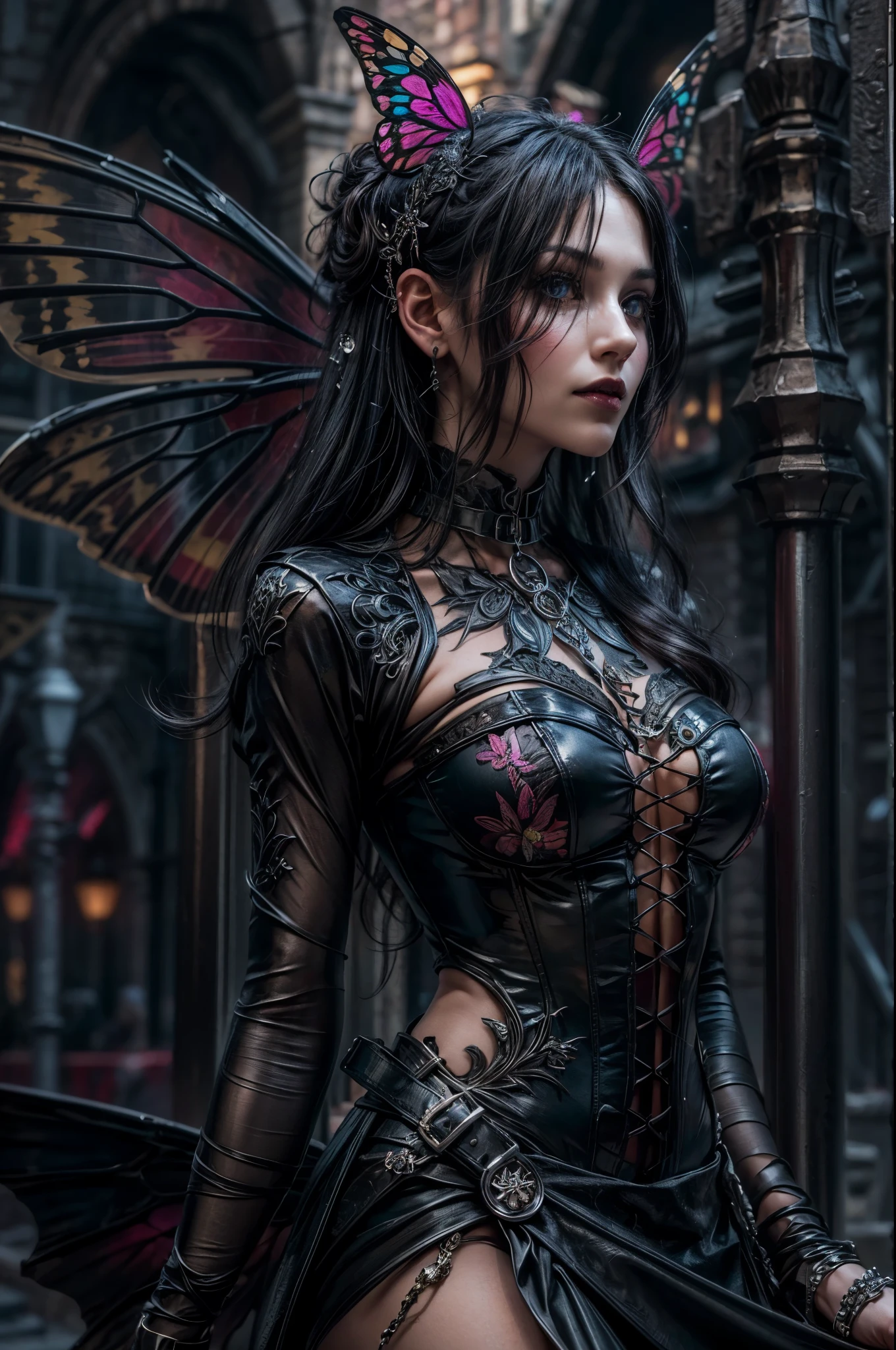 high details, best quality, 16k, RAW, [best detailed], masterpiece, best quality, (extremely detailed), full body, ultra wide shot, photorealistic, dark fantasy art, goth art, RPG art, D&D art, a picture of a dark female fairy in a goth church extremely beautiful fairy, ultra feminine (intense details, Masterpiece, best quality), best detailed face (intense details, Masterpiece, best quality), having wide butterfly wings, spread butterfly wings (intense details, Masterpiece, best quality), dark colors wings (intense details, Masterpiece, best quality), black hair, long hair, shinning hair, flowing hair, dark smile, wicked smile, blue eyes, dark red lips, wearing [red] dress latex corset (intense details, Masterpiece, best quality), dynamic elegant dress bondage gear, chocker, wearing high heels, (intense details, Masterpiece, best quality) a dark goth era street background, dim light, cinematic light, gaslight lamp light, High Detail, Ultra High Quality, High Resolution, 16K Resolution, Ultra HD Pictures, 3D rendering Ultra Realistic, Clear Details, Realistic Detail, Ultra High Definition hihelz