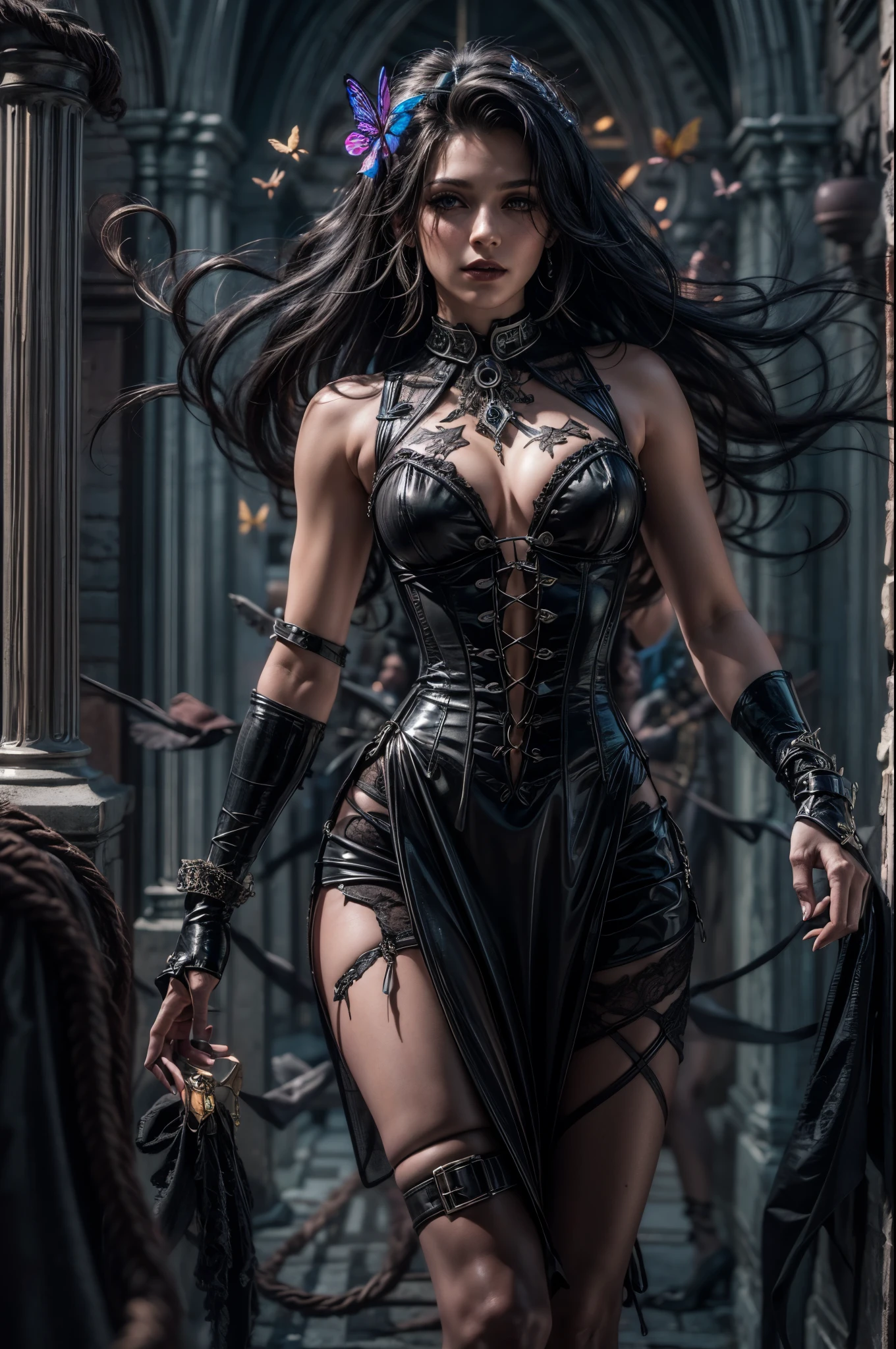 high details, best quality, 16k, RAW, [best detailed], masterpiece, best quality, (extremely detailed), full body, ultra wide shot, photorealistic, dark fantasy art, goth art, RPG art, D&D art, a picture of a dark female fairy in a goth church extremely beautiful fairy, ultra feminine (intense details, Masterpiece, best quality), best detailed face (intense details, Masterpiece, best quality), having wide butterfly wings, spread butterfly wings (intense details, Masterpiece, best quality), dark colors wings (intense details, Masterpiece, best quality), black hair, long hair, shinning hair, flowing hair, dark smile, wicked smile, blue eyes, dark red lips, wearing [red] dress latex corset (intense details, Masterpiece, best quality), dynamic elegant dress bondage gear, chocker, wearing high heels, (intense details, Masterpiece, best quality) a dark goth era street background, dim light, cinematic light, gaslight lamp light, High Detail, Ultra High Quality, High Resolution, 16K Resolution, Ultra HD Pictures, 3D rendering Ultra Realistic, Clear Details, Realistic Detail, Ultra High Definition hihelz