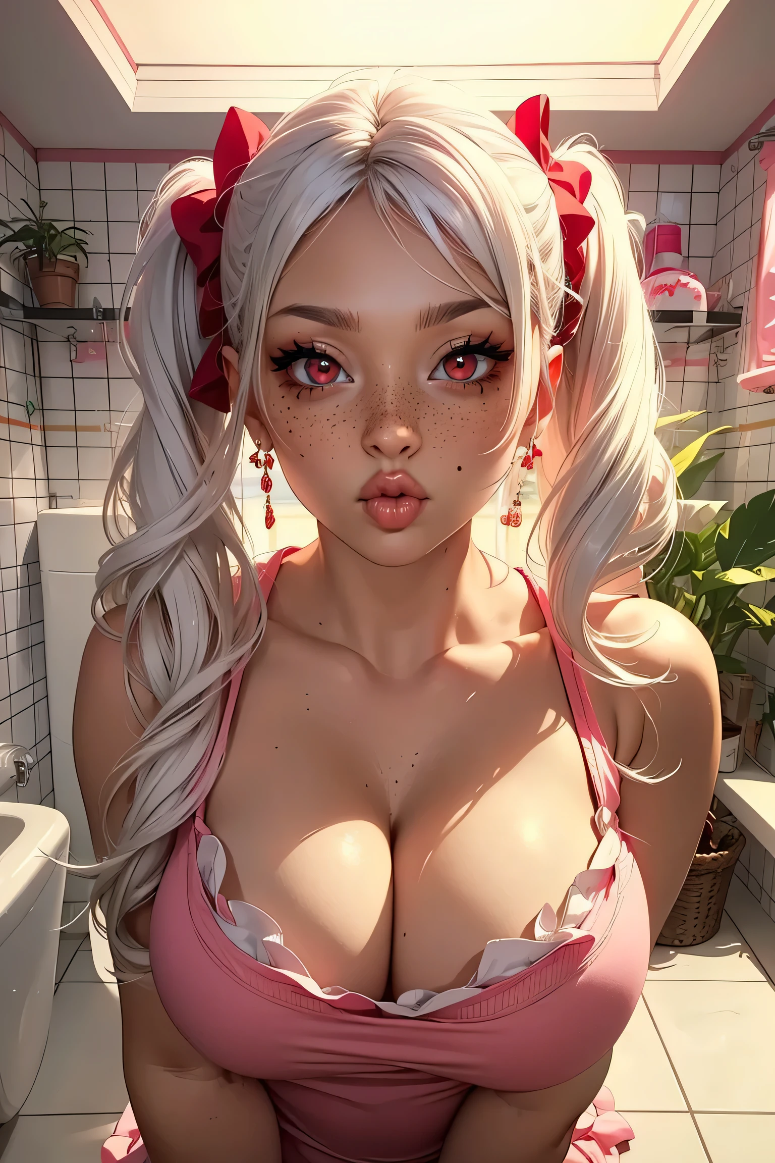 (1girl), red eyes, white hair, pigtails, freckles on nose, long hair, x ornament, big lips, pretty lips, ((gyaru)), gyaru hairstyle, ornaments, babydoll dress, seductive anime girl, thicc, cute anime, bathroom, plant, ceiling, pink bathroom, lipgloss. lip focussed, lips, lip focus