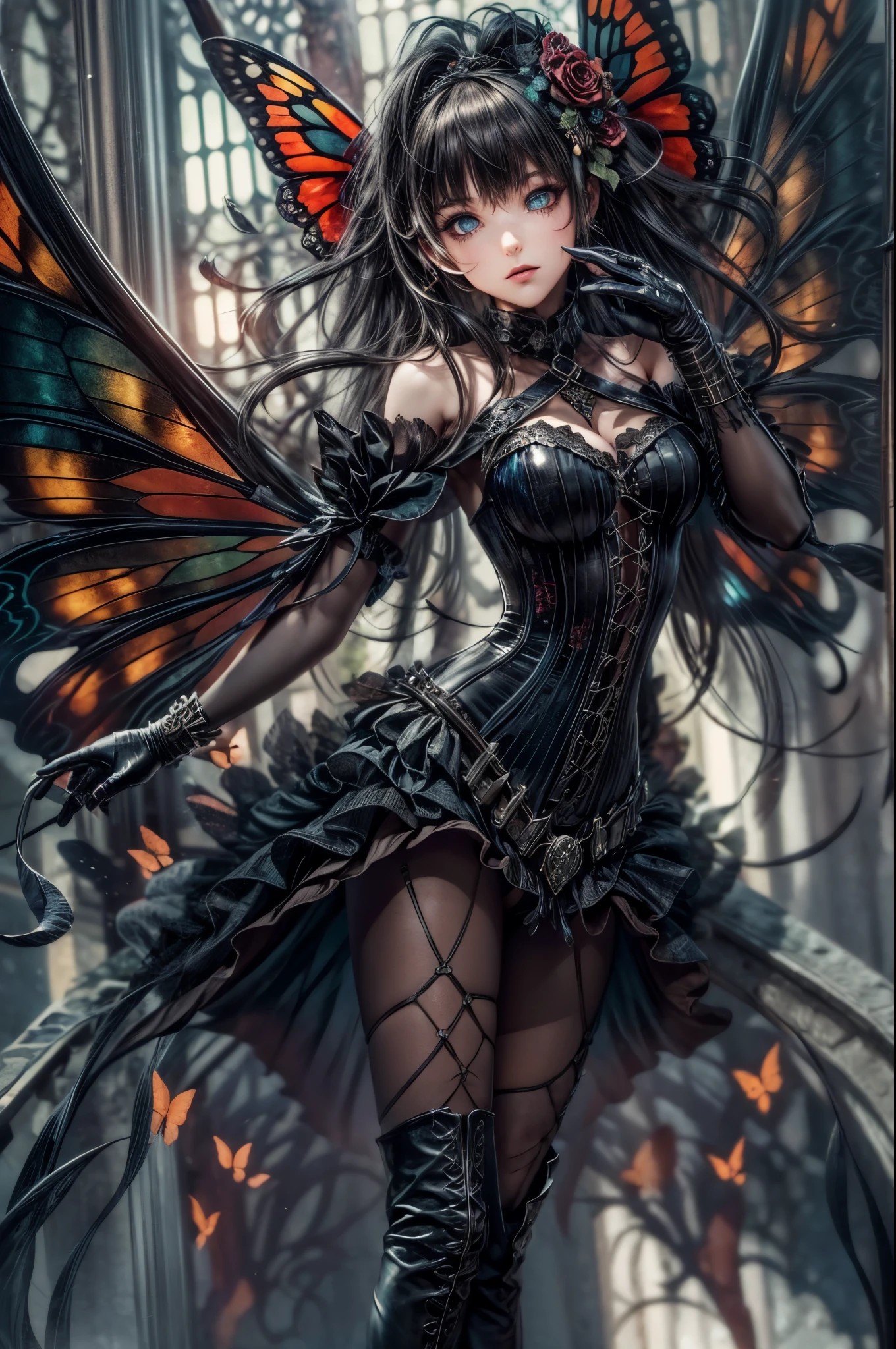 high details, best quality, 16k, RAW, [best detailed], masterpiece, best quality, (extremely detailed), full body, ultra wide shot, photorealistic, dark fantasy art, goth art, RPG art, D&D art, a picture of a dark female fairy in a goth church extremely beautiful fairy, ultra feminine (intense details, Masterpiece, best quality), best detailed face (intense details, Masterpiece, best quality), having wide butterfly wings, spread butterfly wings (intense details, Masterpiece, best quality), dark colors wings (intense details, Masterpiece, best quality), black hair, long hair, shinning hair, flowing hair, dark smile, wicked smile, blue eyes, dark red lips, wearing [red] dress latex corset (intense details, Masterpiece, best quality), dynamic elegant dress bondage gear, chocker, wearing high heels, (intense details, Masterpiece, best quality) a dark goth era street background, dim light, cinematic light, gaslight lamp light, High Detail, Ultra High Quality, High Resolution, 16K Resolution, Ultra HD Pictures, 3D rendering Ultra Realistic, Clear Details, Realistic Detail, Ultra High Definition hihelz