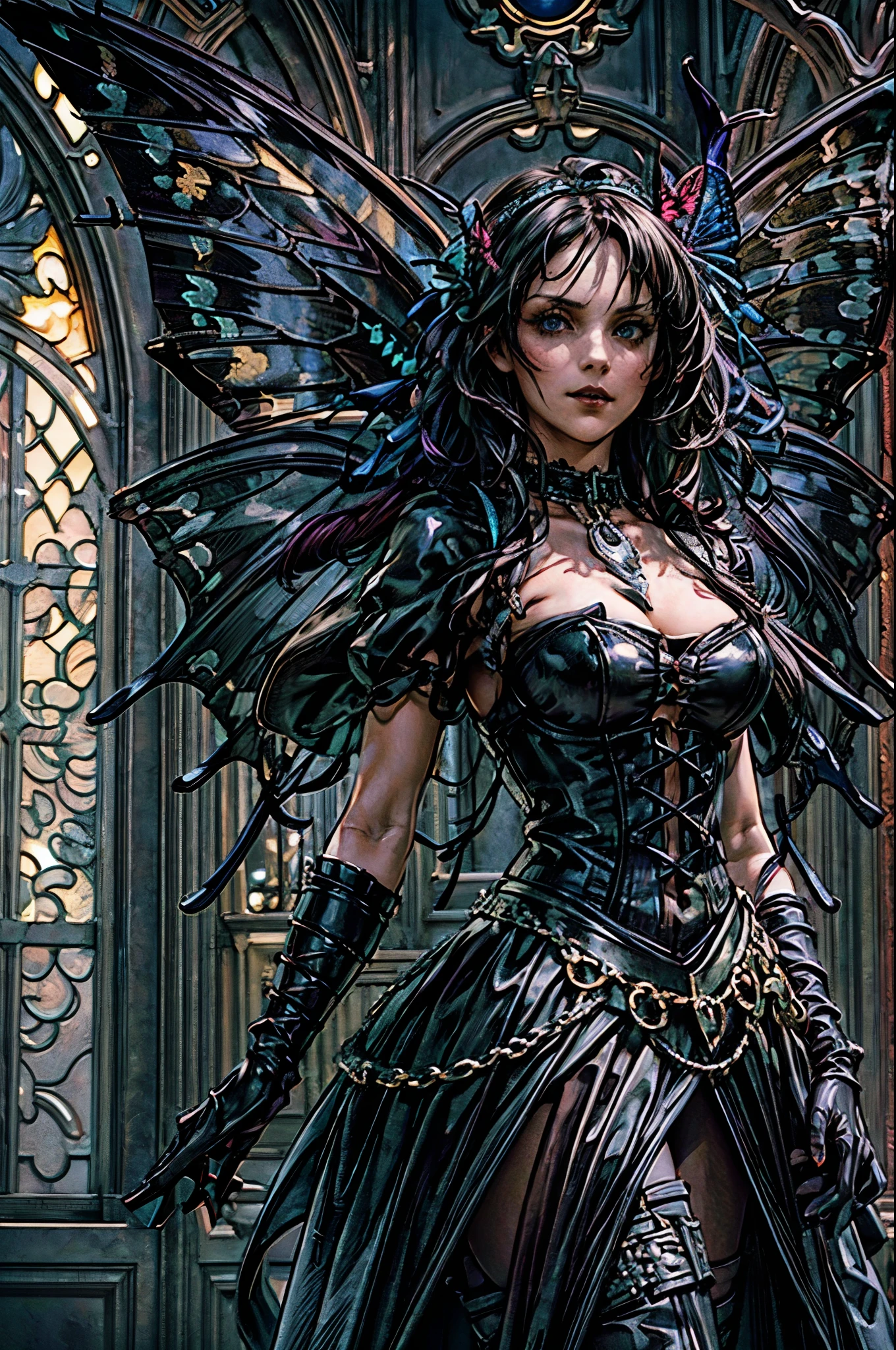 high details, best quality, 16k, RAW, [best detailed], masterpiece, best quality, (extremely detailed), full body, ultra wide shot, photorealistic, dark fantasy art, goth art, RPG art, D&D art, a picture of a dark female fairy in a goth church extremely beautiful fairy, ultra feminine (intense details, Masterpiece, best quality), best detailed face (intense details, Masterpiece, best quality), having wide butterfly wings, spread butterfly wings (intense details, Masterpiece, best quality), dark colors wings (intense details, Masterpiece, best quality), black hair, long hair, shinning hair, flowing hair, dark smile, wicked smile, blue eyes, dark red lips, wearing [red] dress latex corset (intense details, Masterpiece, best quality), dynamic elegant dress bondage gear, chocker, wearing high heels, (intense details, Masterpiece, best quality) a dark goth era street background, dim light, cinematic light, gaslight lamp light, High Detail, Ultra High Quality, High Resolution, 16K Resolution, Ultra HD Pictures, 3D rendering Ultra Realistic, Clear Details, Realistic Detail, Ultra High Definition hihelz