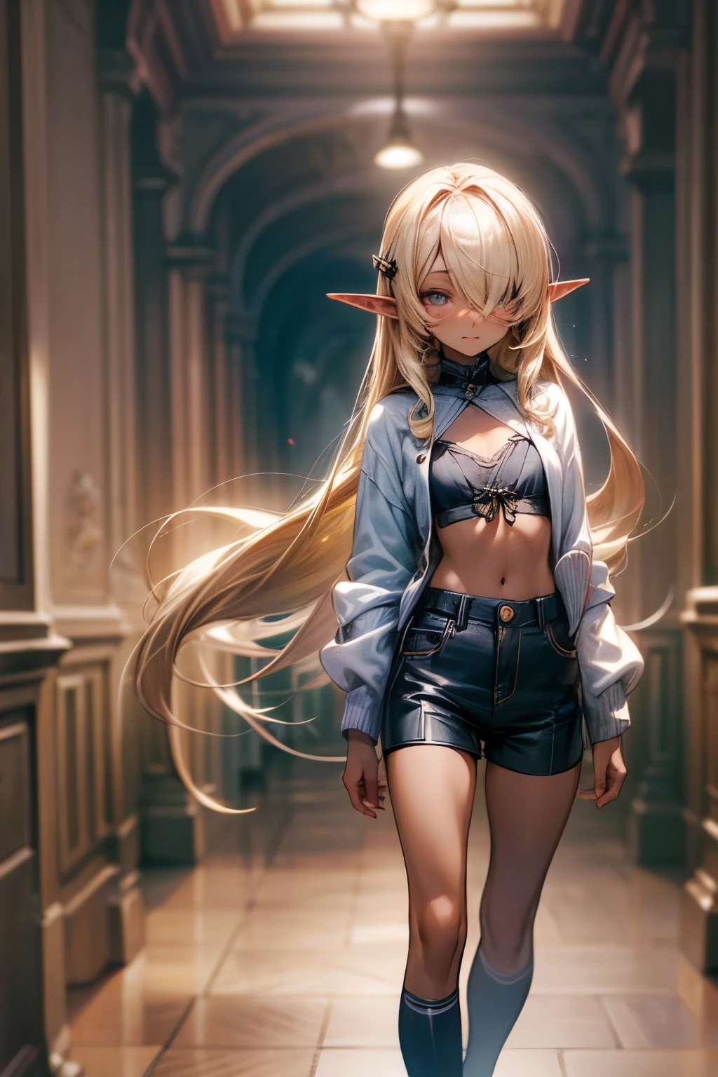 ((Masterpiece)), (Anime:1.3), ((best quality)), (RAW photo:1.2), (High Definition:1.3), (Professional Photography:1.2), (12 years old), (1girl), cute young girl, BREAK, (Glasgow smile:1.3), (Beautiful dark daiamond eyes:1.5), (dark skin), elf girl, flat chest, slender waist, (Surprising Pose girl), BREAK, (hair over eyes:1.2), very long bangs, Silky straight hair, very long transverse hair, ((blond hair)), wear a cardigan, shortpants, on Acropolis Hills,