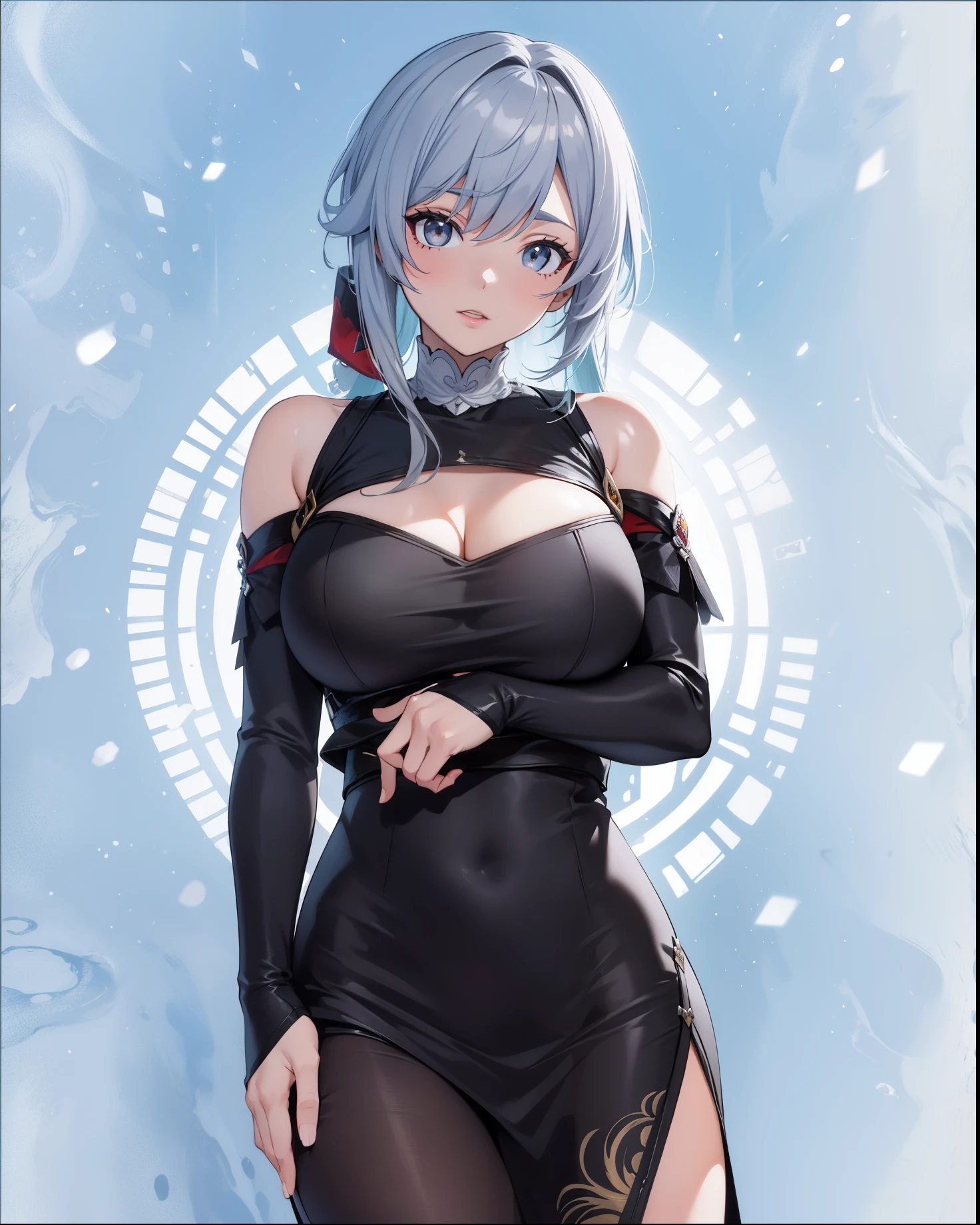 (Best quality,4k,8K,A high resolution,the masterpiece:1.2),ultra - detailed,(valid,really:1.37),High dynamic range, hyper HD,Studio lighting, ultra fine painting, Focus Sharp, physically based rendering, very detailed description, Beautiful girl, big breasts, Big Tits, short sexy dress, short black dress, game character, genshin impact, character from genshin impact, Harlequin, character with gray-black hair, snow background
