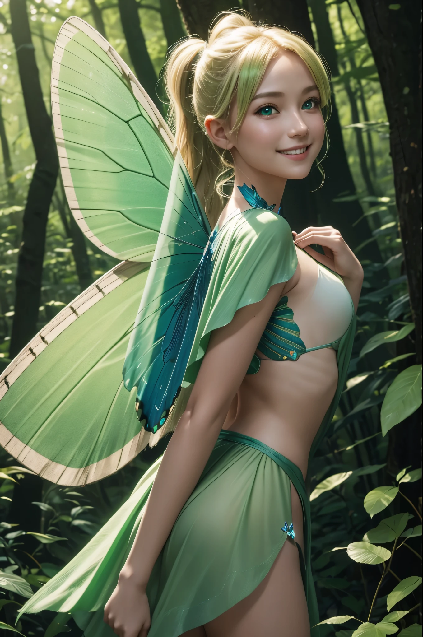 ((top-quality、8K、​masterpiece:1.3))、tinkerbell fairies,🧚,  ((large translucent fairy wings attached to her shoulder blade, scapula)), delicate elven features, blonde pixie hair style, short hair, short curly hair, pixie bob cut, short dreadlocks, Dutch braids, pointed elf ears, ((tight, see-thru, sheer mini skirt with a green cannabis leaf pattern)), skirt is too short to fully cover her freshly, clean shaved pussy, ((slightly lifting her skirt with her hands displaying her beautiful round perfect ass)). see-thru, green leaf patterned sheer tank top that almost cover her large dark nipples, hard nipples, erect nipples, nipples poking through her sheer top, super highly detailed breasts and nipples, bare stomach, medium fat, thick body type, hyper-detailed hands, hyper-detailed face、Detailed lips、A detailed eye、double eyelid、super ultra sexy pinup style pose, full body view, white to green gradient background, gold jewelry, golden pixie dust floats around her. Natural textures. Super cute and sexy tinkerbell. Smooth skin. Wearing a Sexy green and gold garter belt. Leaf patterned garter. 