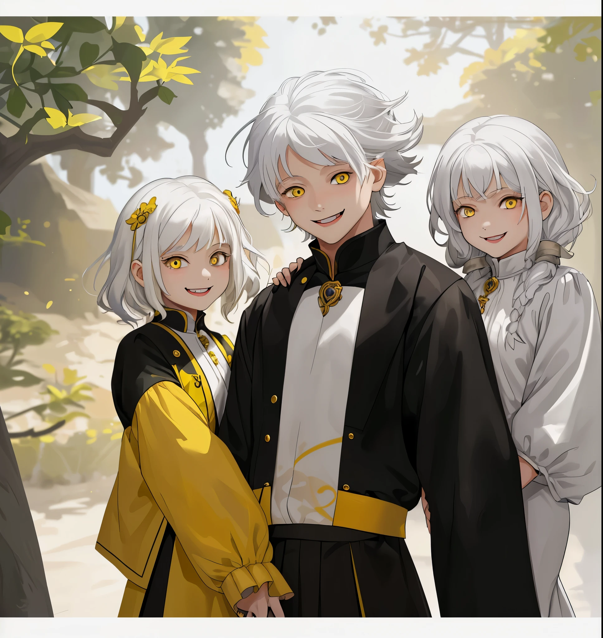 two 7-year-old twins, a boy and a girl, with white hair and yellow eyes, are smiling mischievously at each other.