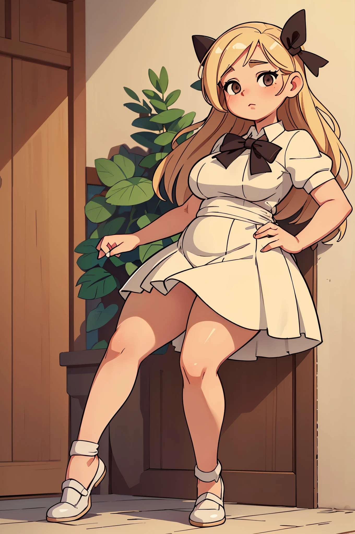 (Best quality), (top quality), (masterpiece), (portrait), (aesthetic), (beautiful), (high quality), (professional angle), (rule of thirds), (Feminine), (woman), (female), (beautiful lady), (big ass), (long hair), (large breast), (masterpiece), (portrait), (aesthetic), (beautiful), (high quality), (professional angle), (rule of thirds), (Feminine), (woman), (female), (beautiful), (feminine features), (blonde) Drawing of a pudgy of late adolescence with rosy cheeks, brown eyes, creamy blonde hair. She is in a white dress with a prominent bow on her waist; she is wearing black dress shoes. She has muscular, toned, realistic feet and legs. Her legs are thick, fat, chubby, meaty, voluptuous, curvaceous, long, Rubenesque and plump. Her fat legs have varicose veins. She is posing with both hands making victory sign and with one leg up. She is embarrassed and her legs are crossed. The world's sexiest beautiful beauty, flesh-colored tights, soaked all over, cinematic texture, best quality, movie poster, soft lighting, warm colors.