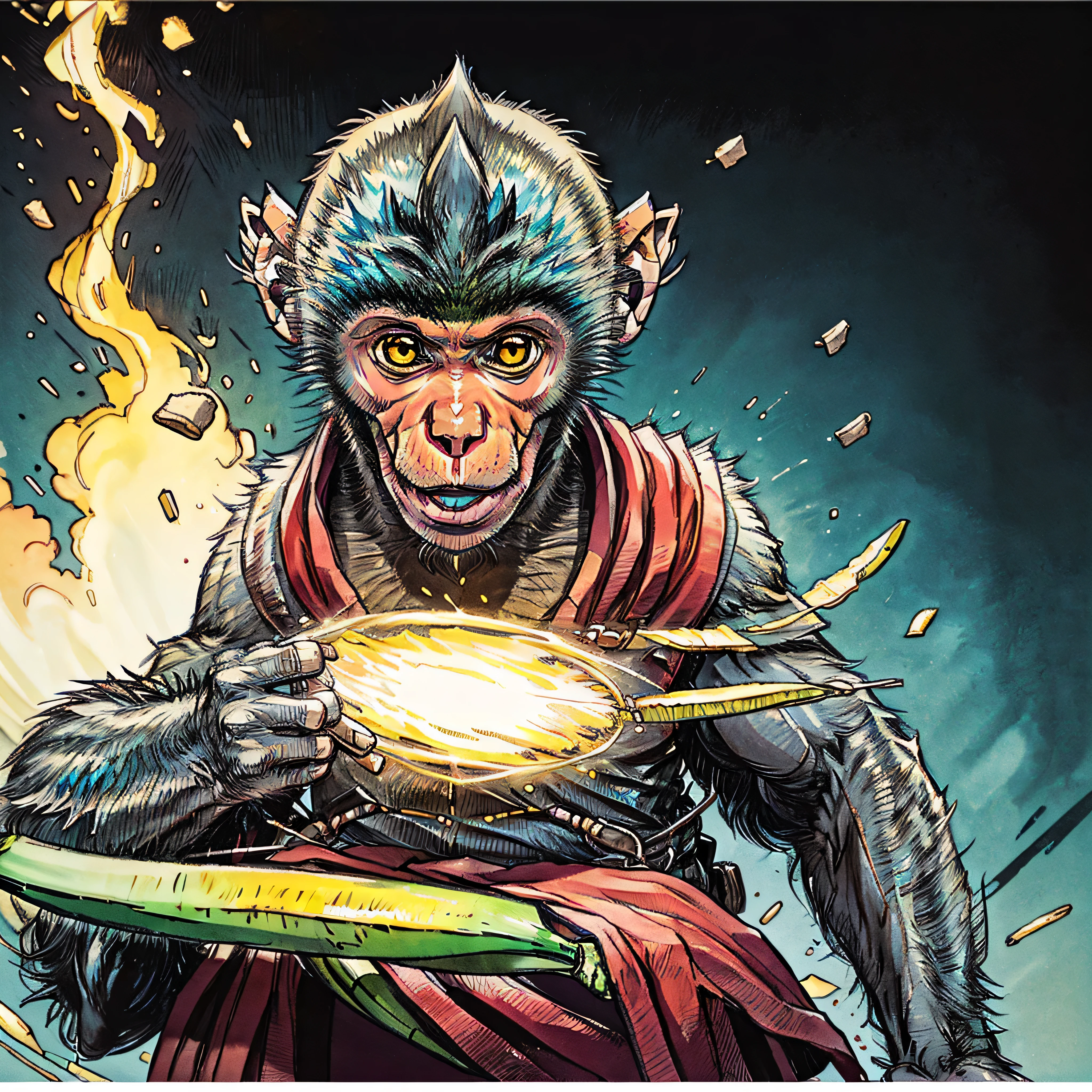 humanoid ((( monkey ))) , ( king ) , (( monkey fur )) , ( sun wukong) wearing a golden crown, sunglasses and ( monk red outfit ) , ( grilling bananas) , ( banana barbicue) , ( grill ) , ( party, monks) , beach , palms, UnrealEngine5 Ultra Masterpiece Cinematic_sunlight ultra Pro_Photo-realistic optimal ultra_high-quality opengl-shaders ultra_high-details accurate reflex ultra_high-resolution perfection volumetric lightning improved Octane_rendues ultra_high-definition UHD XT3 DSLR HDR 3dcg analogiques extatiques symmetrical dazzling Will-o'-the-wisp global luminescence plasma hearth incandescente reflection varied multi etc. --v6 --s1000 --c20 --q5 --chaos100