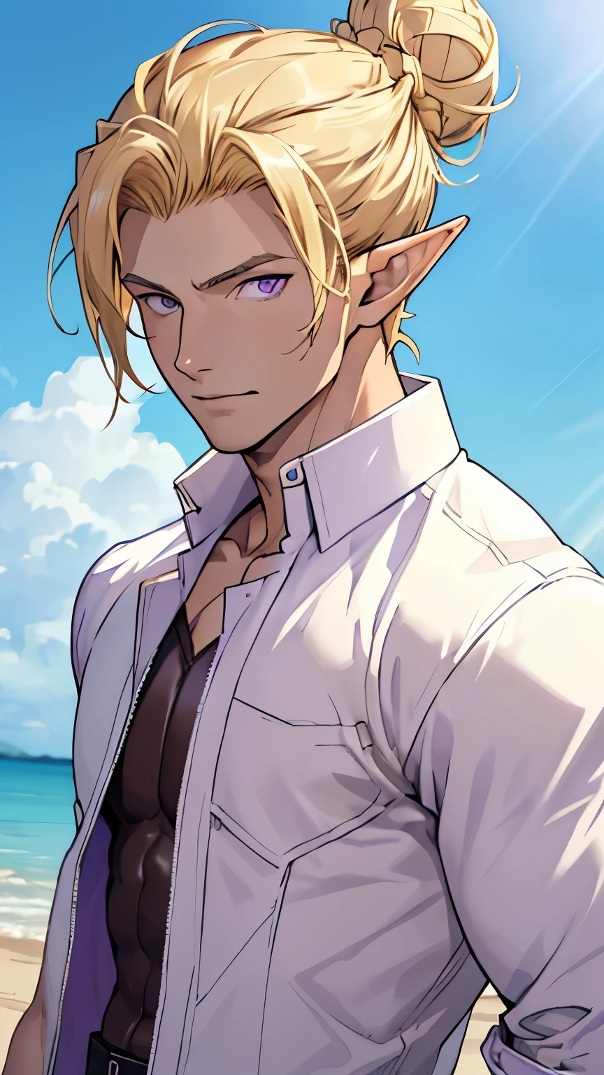 (masterpiece), best quality, high quality, 1 boy, beautiful face, handsome, sunlight, elf ears, pointy ears, handsome, blonde hair, bun hairstyle, purple eyes, leather clothes, shirt with opening on the chest, upper body, beach background, looking straight, purple eyes,