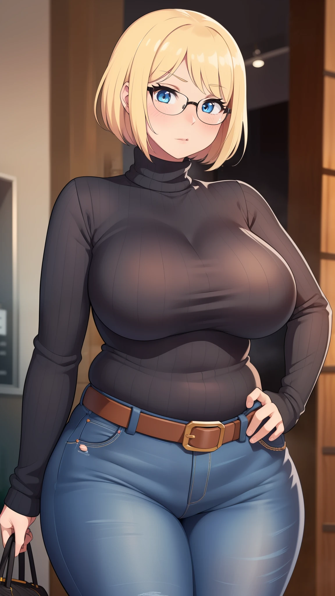 ((Masterpiece)), perfect anatomy, perfect shading, field of depth, (best quality), extremely delicate and beautiful, perfect lighting, detailed face, ultra cute face, cute, (cowboy shot 1.2), full body, (((1girl))), ((solo)), looking at viewer,
short hair, fluffy hair, blonde hair, blue eyes, Glasses, ((Blush)), shy, nervous, (black turtleneck sweater 1.5), (jeans 1.2), belt, extremely tight clothes, large breasts, ((wide hips)), ((thick thighs)), ((chubby)),
coffee shop, intricate background, detailed background,