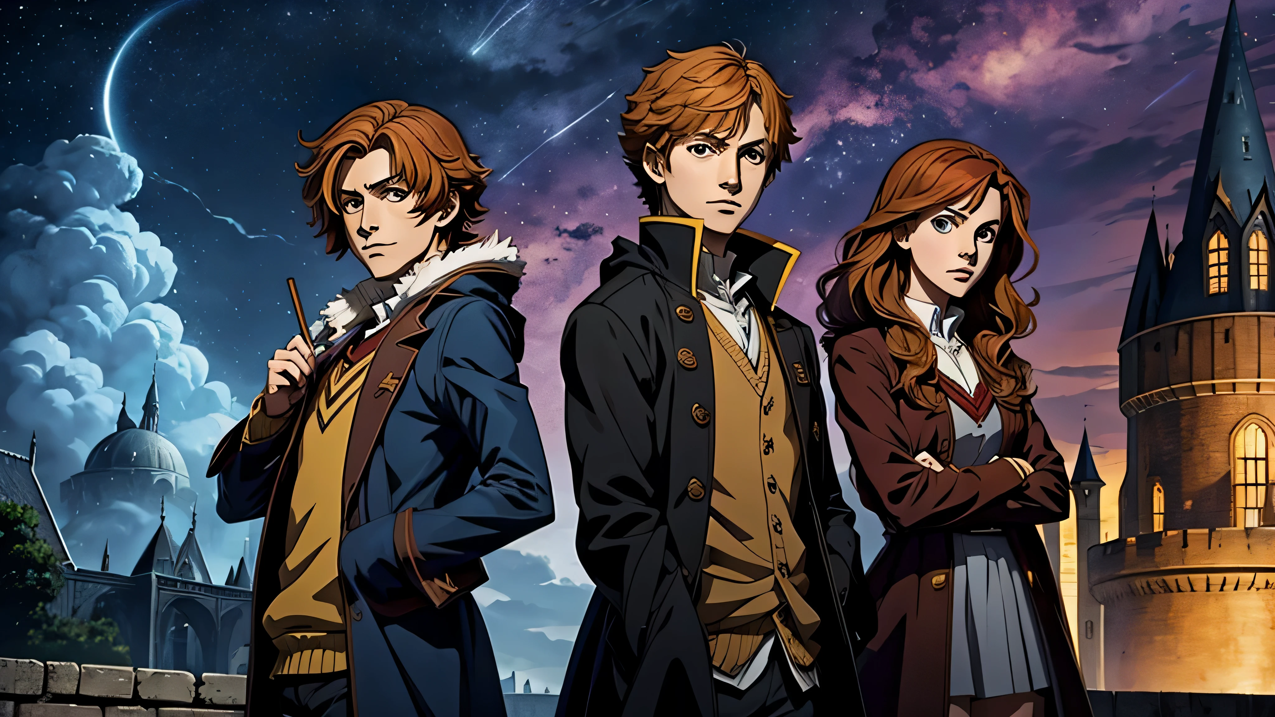 personagens de anime, Harry Potter, hermione, Ron Weasley, castelo, noite, chuva