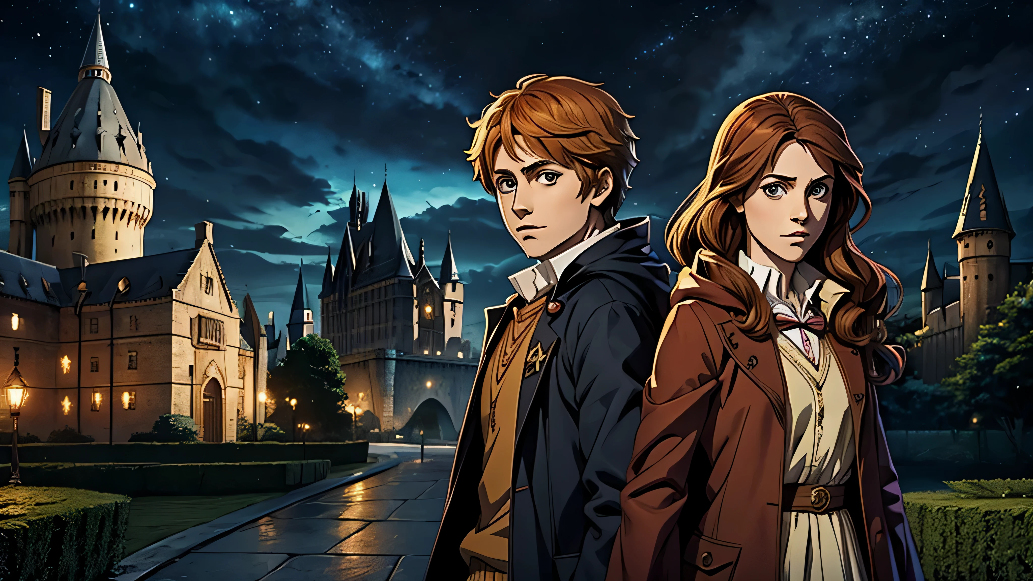 personagens de anime, Harry Potter, hermione, Ron Weasley, castelo, noite, chuva
