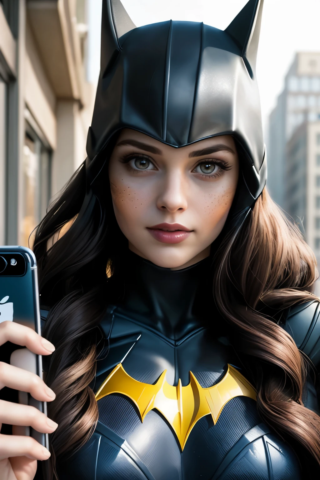((best quality)), ((masterpiece)), (detailed), perfect face Batgirl enjoying and looking the smartphone