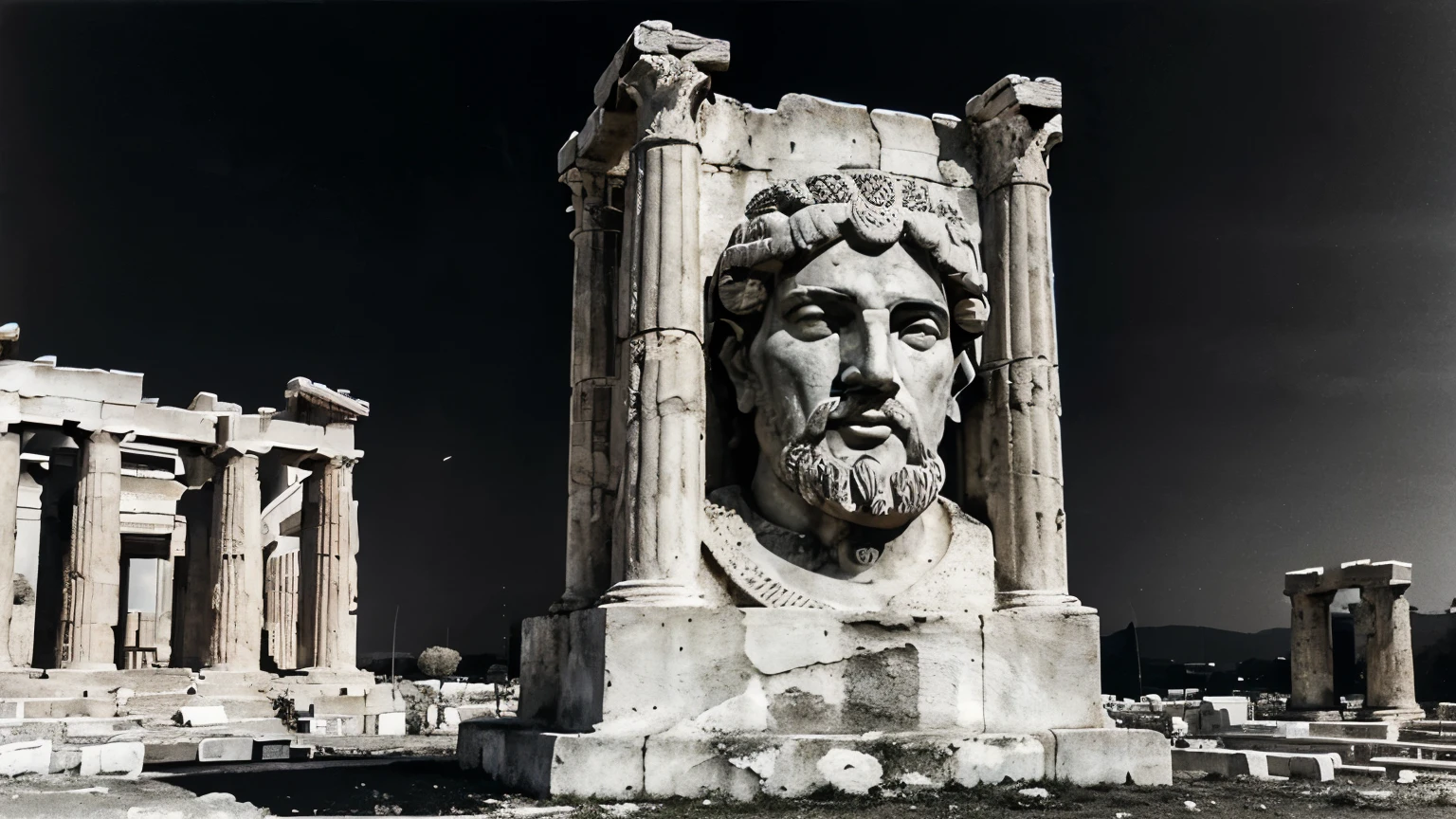 A dark landscape image of an ancient rich society deeply connected to wealth, black and white, ancient greek architecture, include one single big statue of a stereotypical strong greek rich man, marcus aurelius