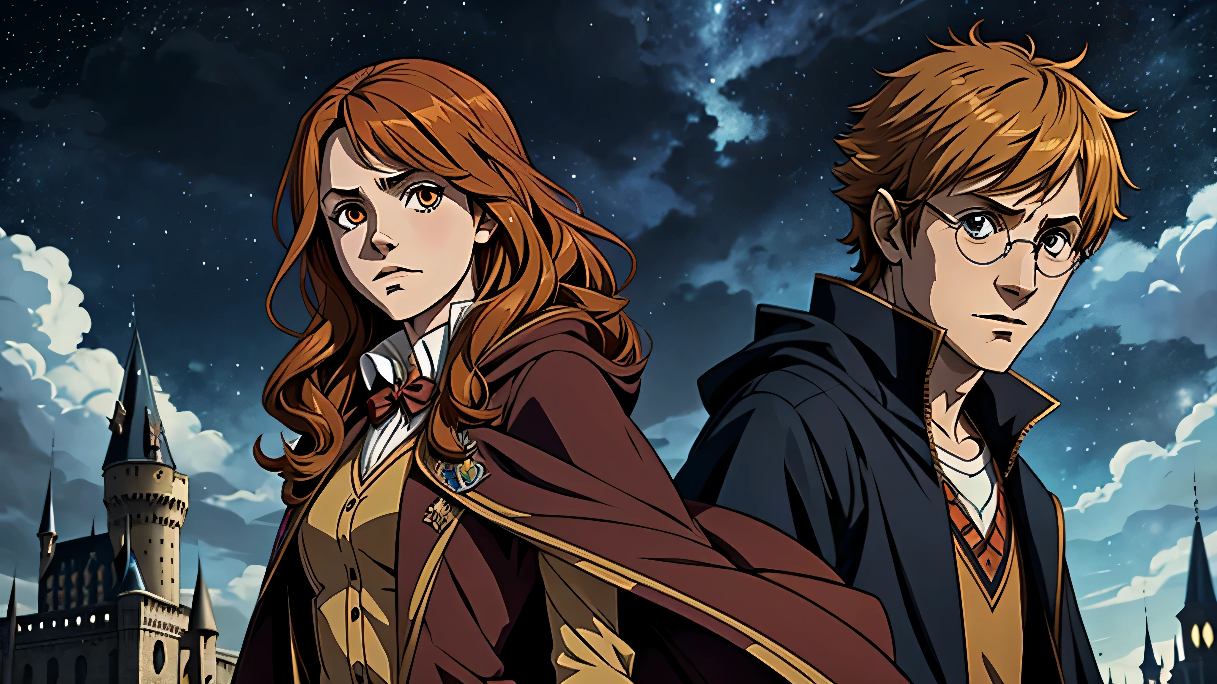 personagens de anime, Harry Potter, hermione, Ron Weasley, castelo, noite, chuva