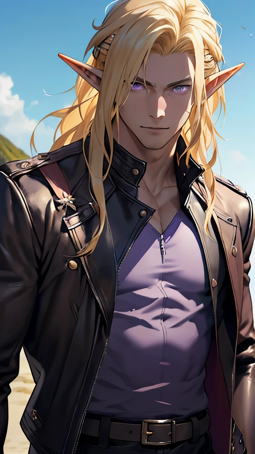 (masterpiece), best quality, high quality, 1 boy, beautiful face, handsome, sunlight, elf ears, pointy ears, handsome, blonde hair, long hair, straight hair, purple eyes, leather clothes, leather jacket, black jacket, skirt with opening on the chest, upper body, beach background, looking straight, purple eyes,