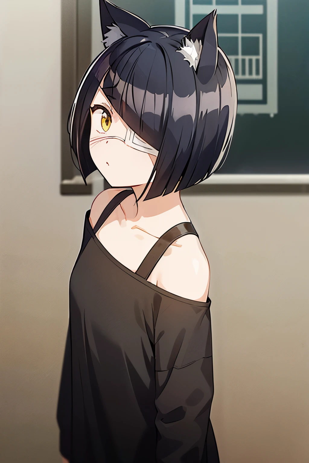 girl, nakanaka_omoharu, black hair, short hair, flat chest, golden eyes, white eye patch, casual outfit, black shirt, oversized shirt, off shoulder, fingerless gloves, black socks, cat ears