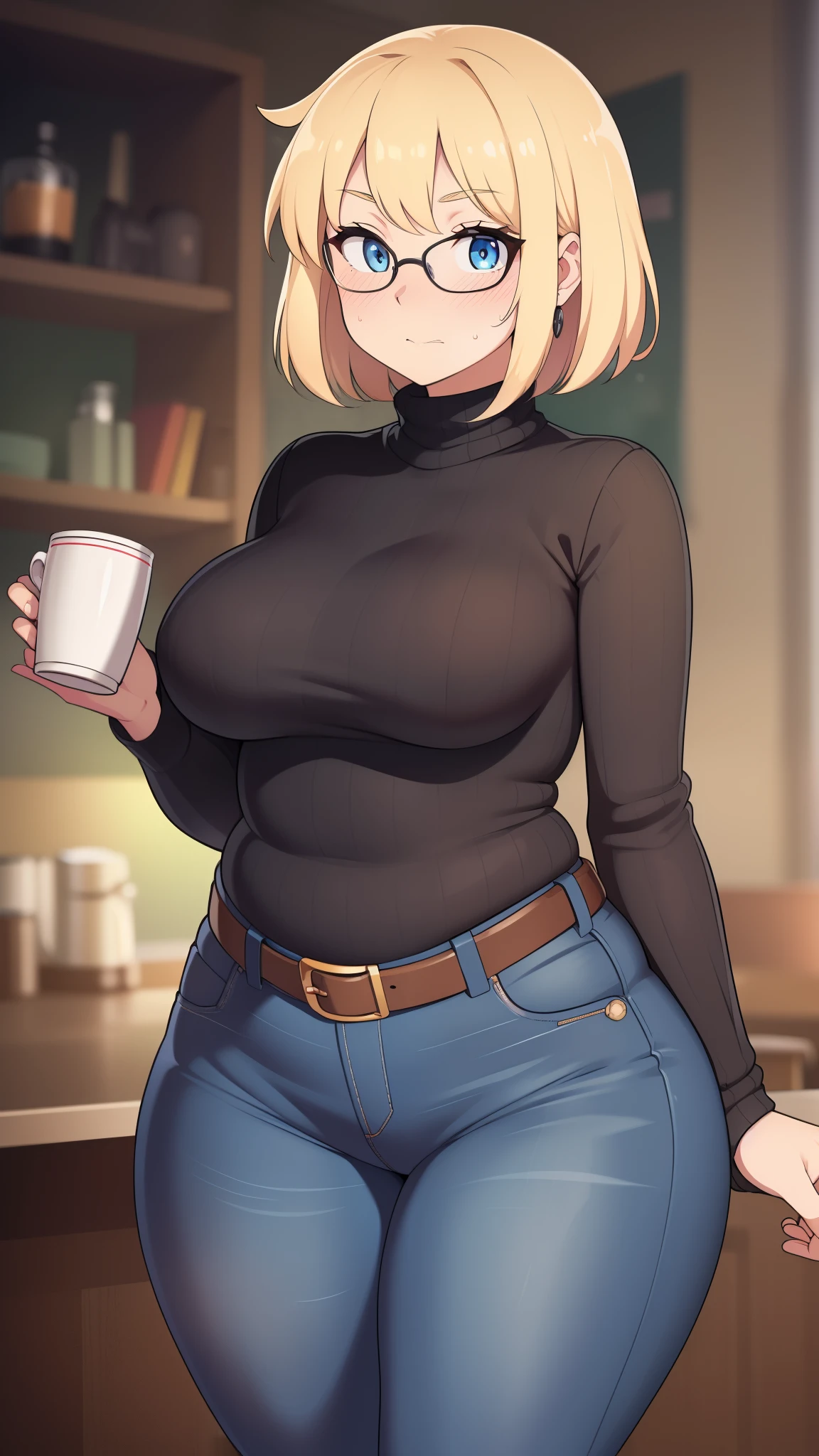 ((Masterpiece)), perfect anatomy, perfect shading, field of depth, (best quality), extremely delicate and beautiful, perfect lighting, detailed face, ultra cute face, cute, (cowboy shot 1.2), full body, (((1girl))), ((solo)), looking at viewer,
short hair, fluffy hair, blonde hair, blue eyes, Glasses, ((Blush)), shy, nervous, (black turtleneck sweater 1.5), (jeans 1.2), belt, extremely tight clothes, large breasts, ((wide hips)), ((thick thighs)), ((chubby)),
coffee shop, intricate background, detailed background,