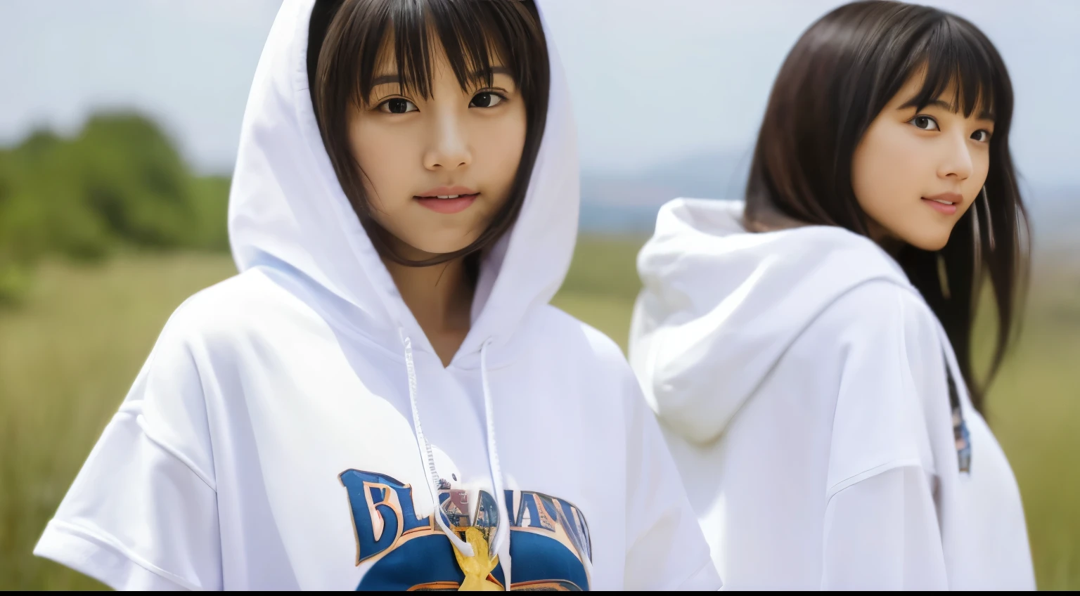 2 girls, white hoodie, T-shirt