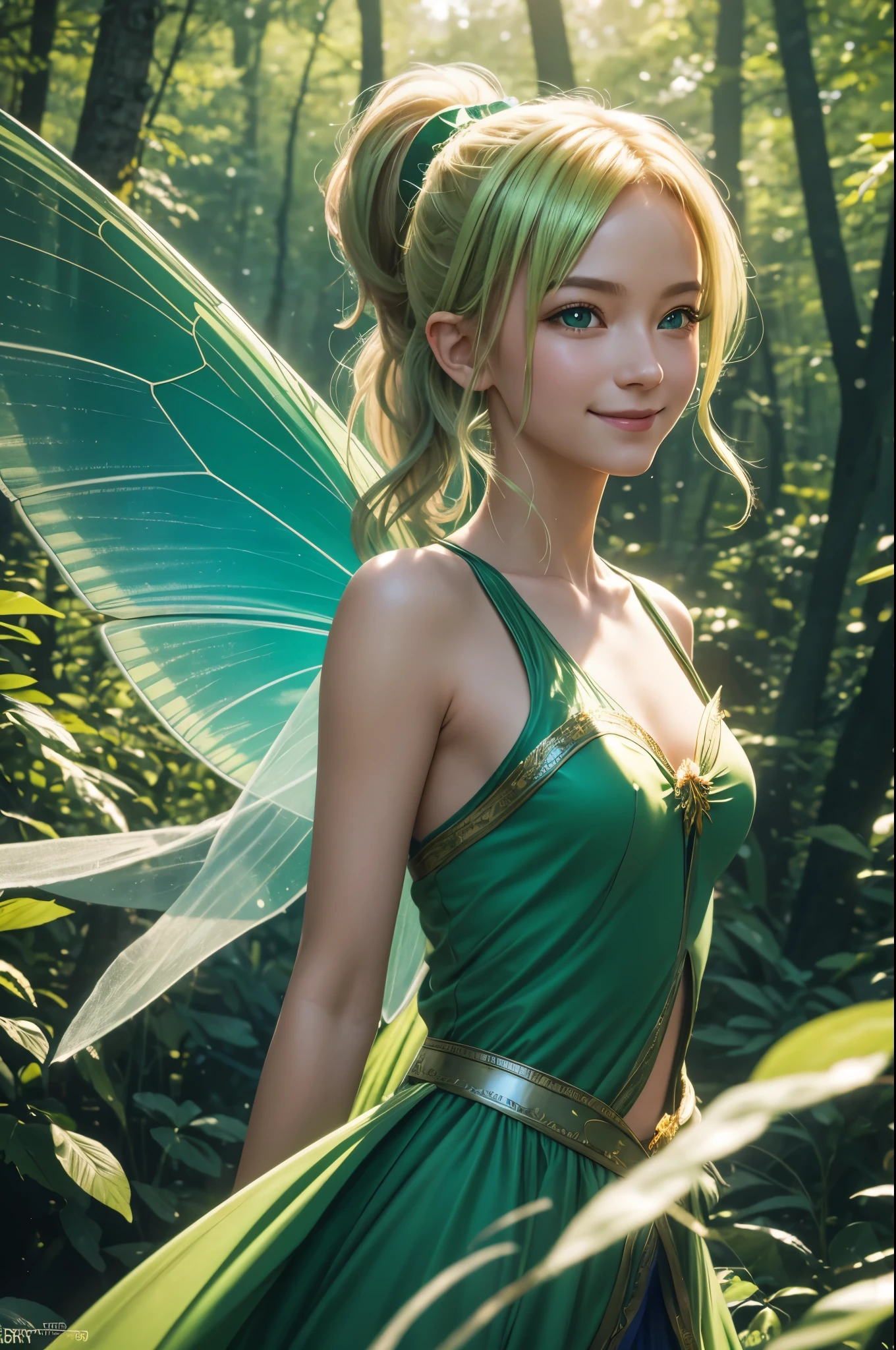 8K,wind fairy sylph,Green costume,blonde ponytail,A fairy with a very ,green eyes,Wear the power of the wind in your body,fly around in the forest,transparent green butterfly wings,masterpiece,Photorealistic RAW photos of the highest quality。bright colors,rich colors, Backlight, cinematic lighting, film grain, to be born, 50mm lens, Nikon D850,detailed character art,fantasy art,ultra high resolution,Super realistic,smile,view audience,fantasy,beautiful expression,wave to the audience,fly in the sky,face forward,Close-up,