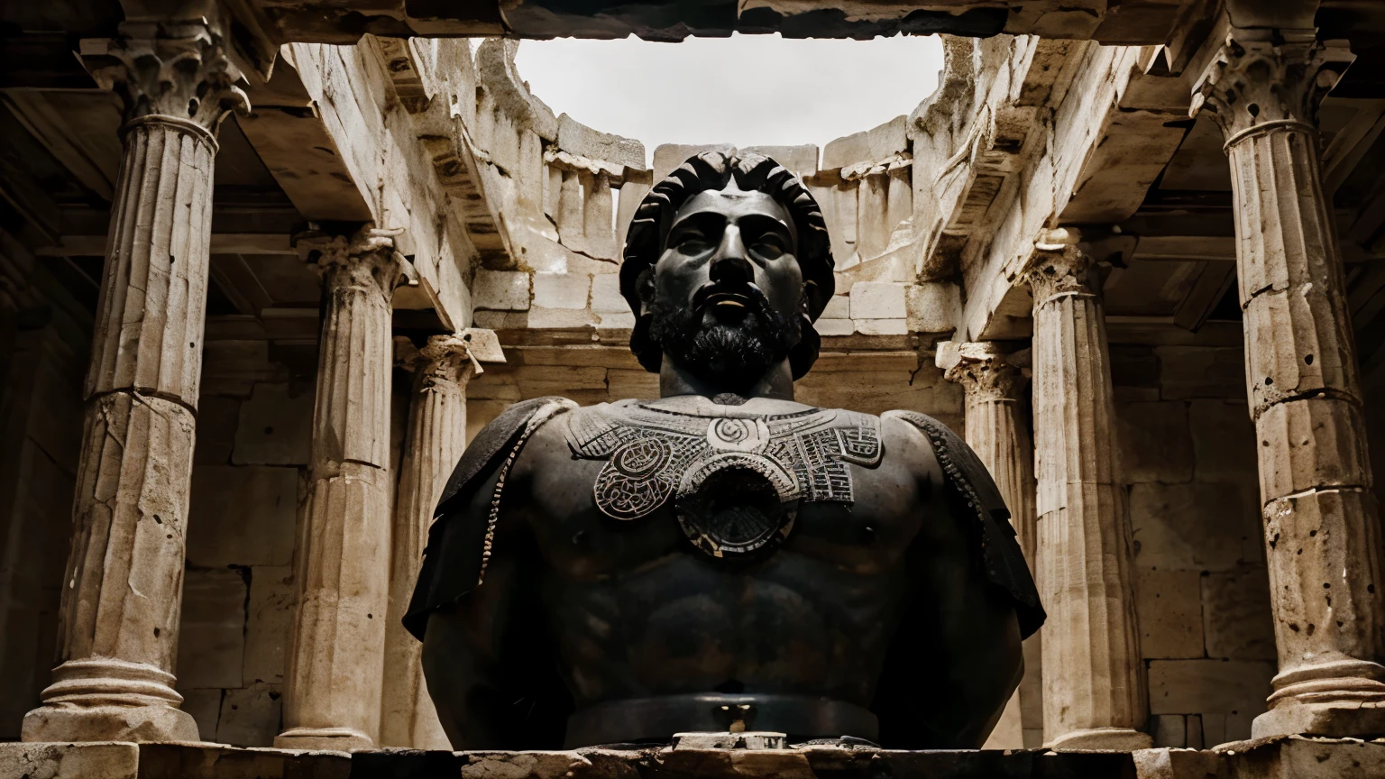 A dark landscape image of an ancient rich society deeply connected to wealth, black and white, ancient greek architecture, include one single big statue of a stereotypical strong greek rich man, marcus aurelius