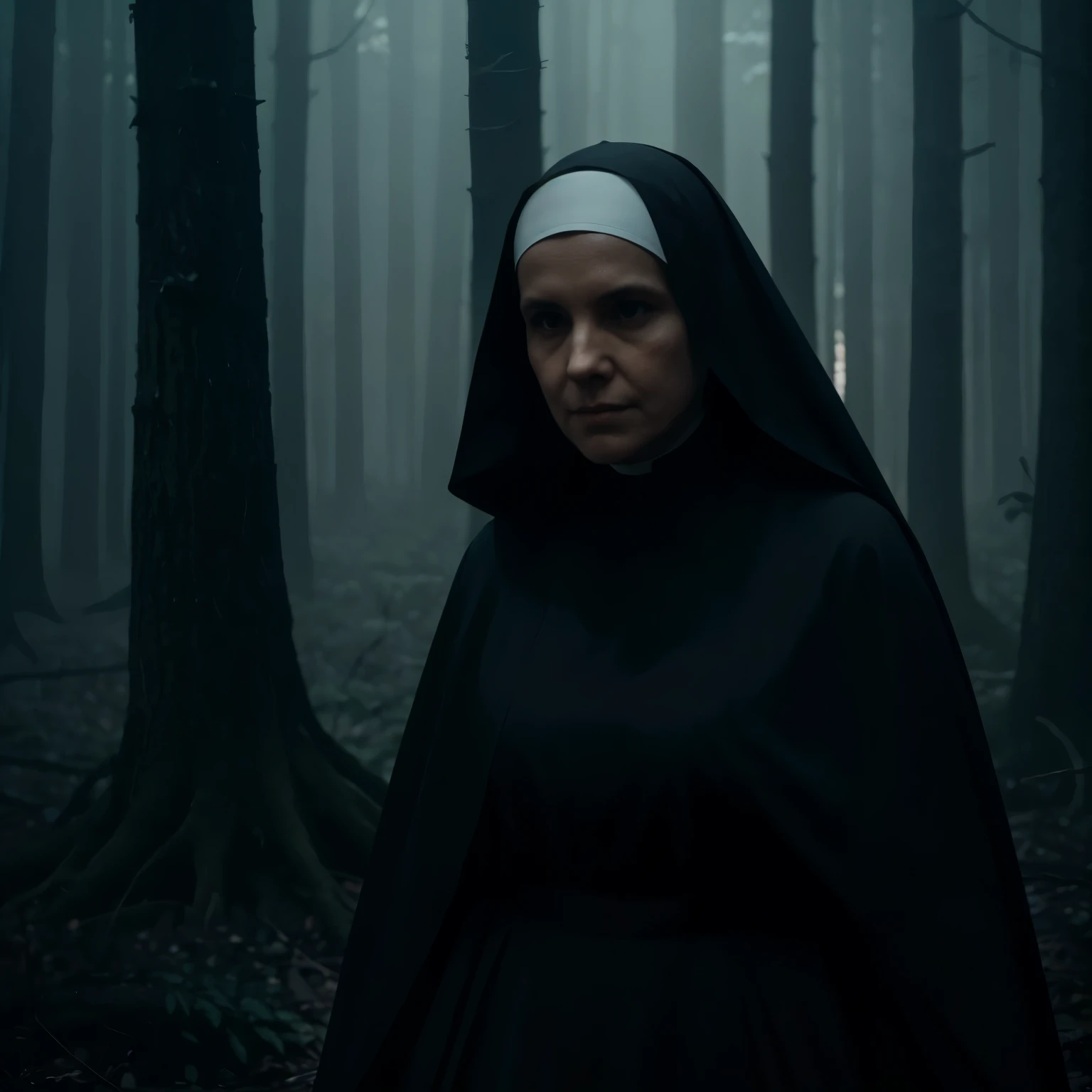 A nun walking in a dense and eerie forest at night, shrouded in mist, close-up shot, ultra-realistic, and a horror atmosphere. The scene is already enveloped in darkness, with the night fully settled, and the camera captures an intense close-up of the nun's face.