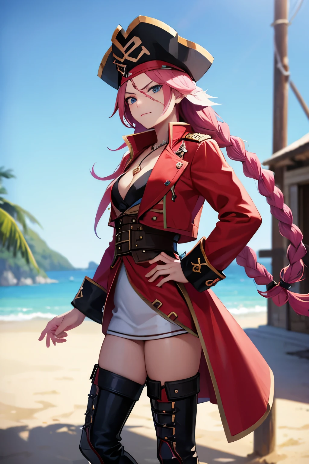 francis drake, blue eyes, long hair, pink hair, scar, braid,
belt, black footwear, boots, corset, epaulettes, hat, jewelry, necklace, pirate, pirate hat, shirt, thighhighs, wrist cuffs, jacket, red jacket,