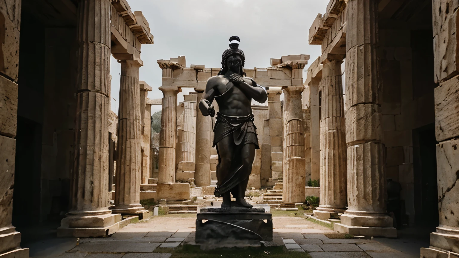 A dark landscape image of an ancient rich society deeply connected to wealth, black and white, ancient greek architecture, include one single big statue of a stereotypical strong greek rich man, marcus aurelius