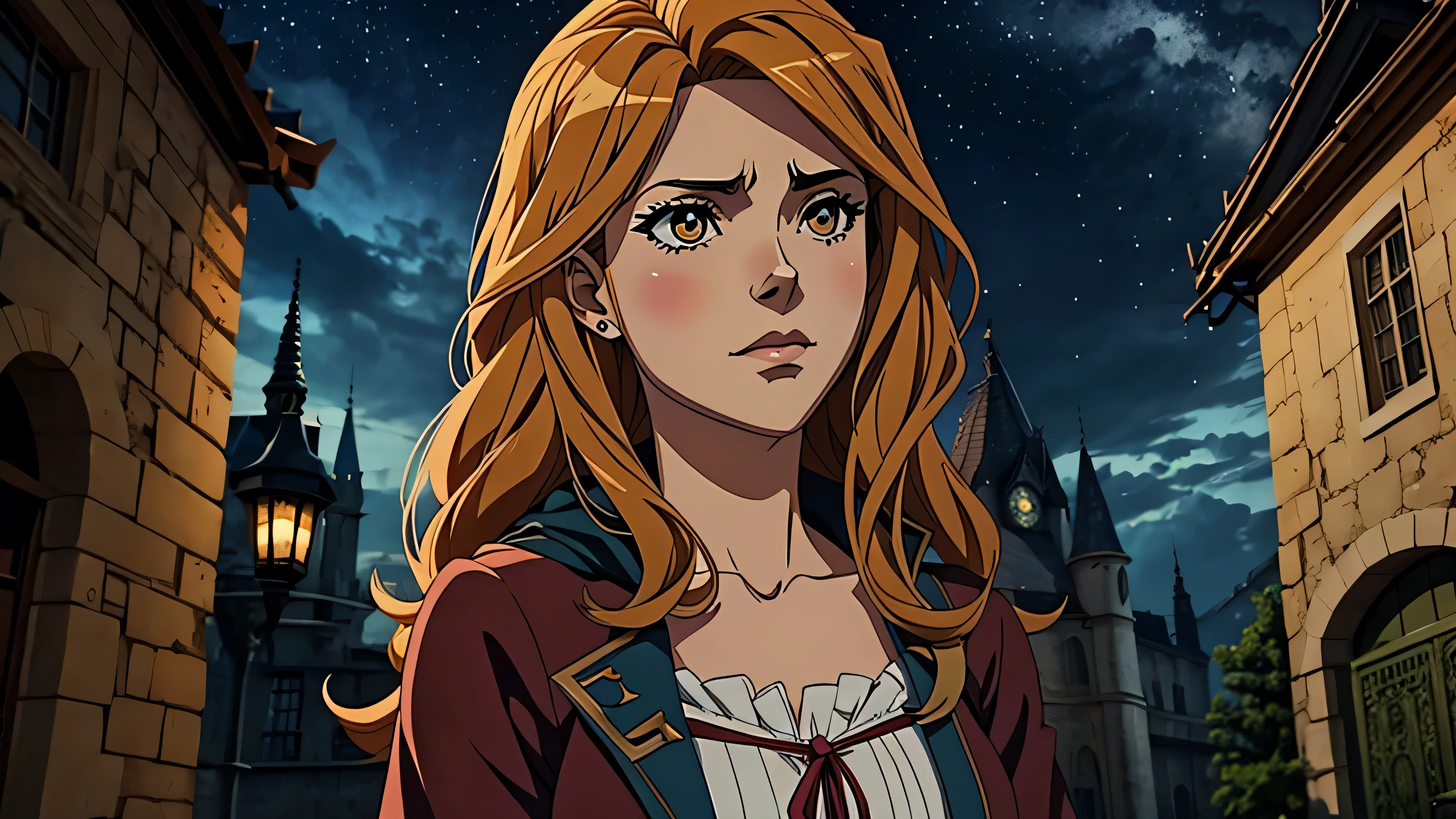 garota de anime, hermione, linda, castelo, noite, chuva