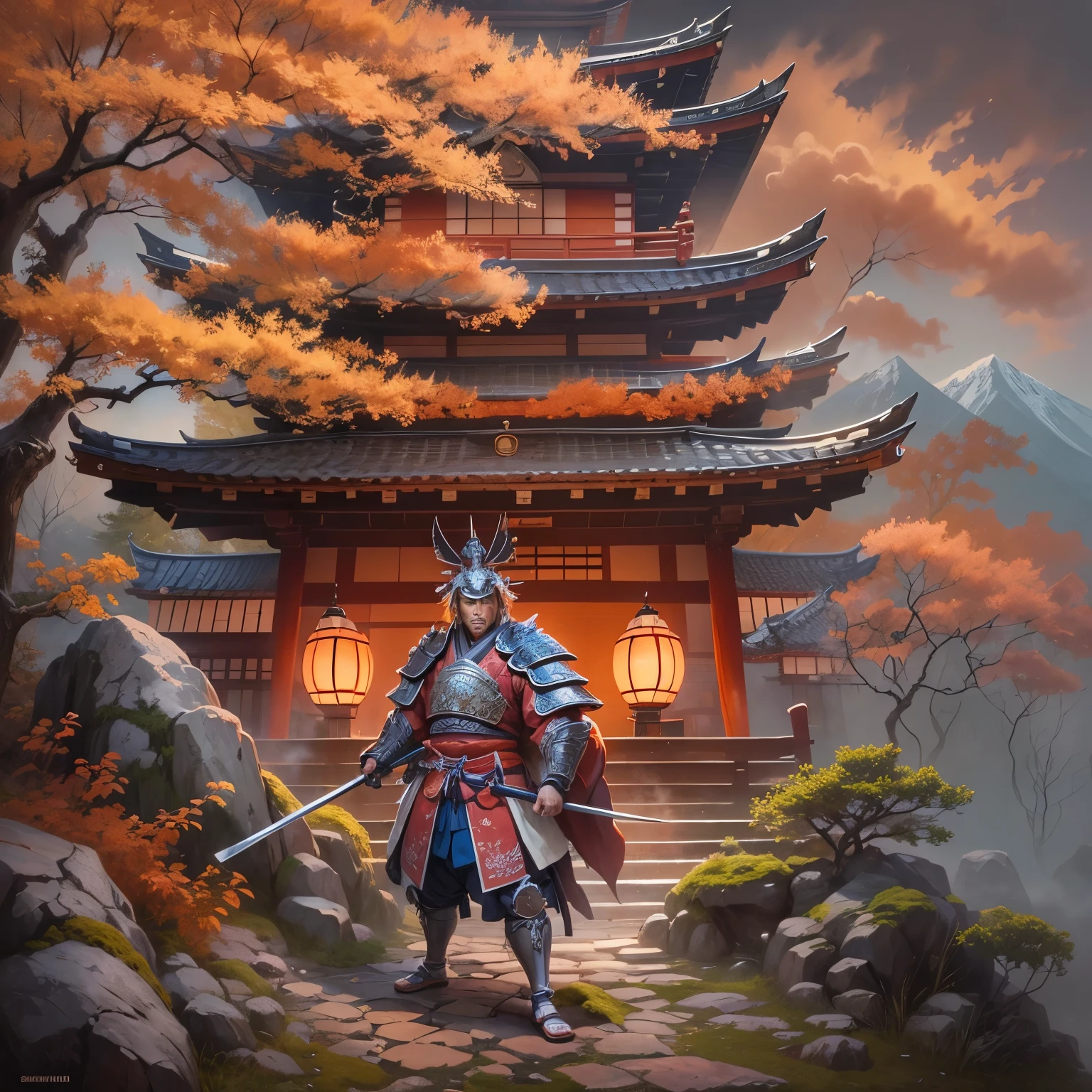 (A honorable samurai protecting a sacred temple in the mountains, with his armor gleaming in the torchlight),oil painting,traditional style,vibrant colors,soft brushstrokes,subtle lighting,detailed landscape,serene atmosphere,snow-capped peaks,gently falling cherry blossoms,foggy mist,ancient trees and moss-covered rocks,historical Japan theme,realistic and detailed samurai armor,strong and determined expression on the samurai's face,elegant and flowing movements,authentic Japanese architectural design,intricate wooden carvings,tranquil and spiritual ambiance,harmonious blend of nature and man-made structures,subdued warm and golden tones,hints of red accents symbolizing strength and courage,exquisite attention to textures and details,impressive sense of depth and perspective,peaceful and still surroundings,traditional Japanese lanterns casting a soft glow,peaceful and respectful interaction between the samurai and the temple inhabitants.