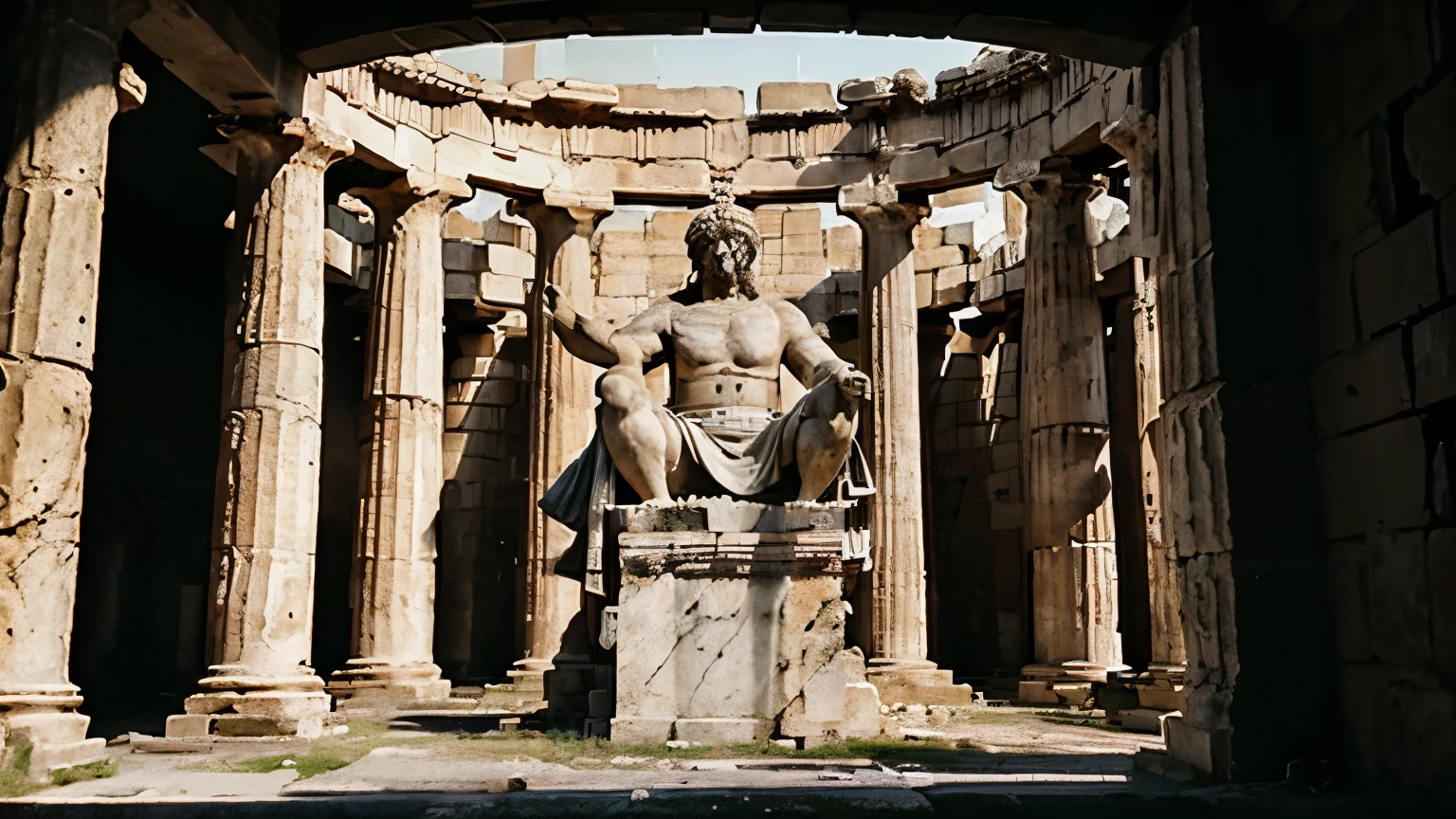 A dark landscape image of an ancient rich society deeply connected to wealth, black and white, ancient greek architecture, include one single big statue of a stereotypical strong greek rich man, marcus aurelius