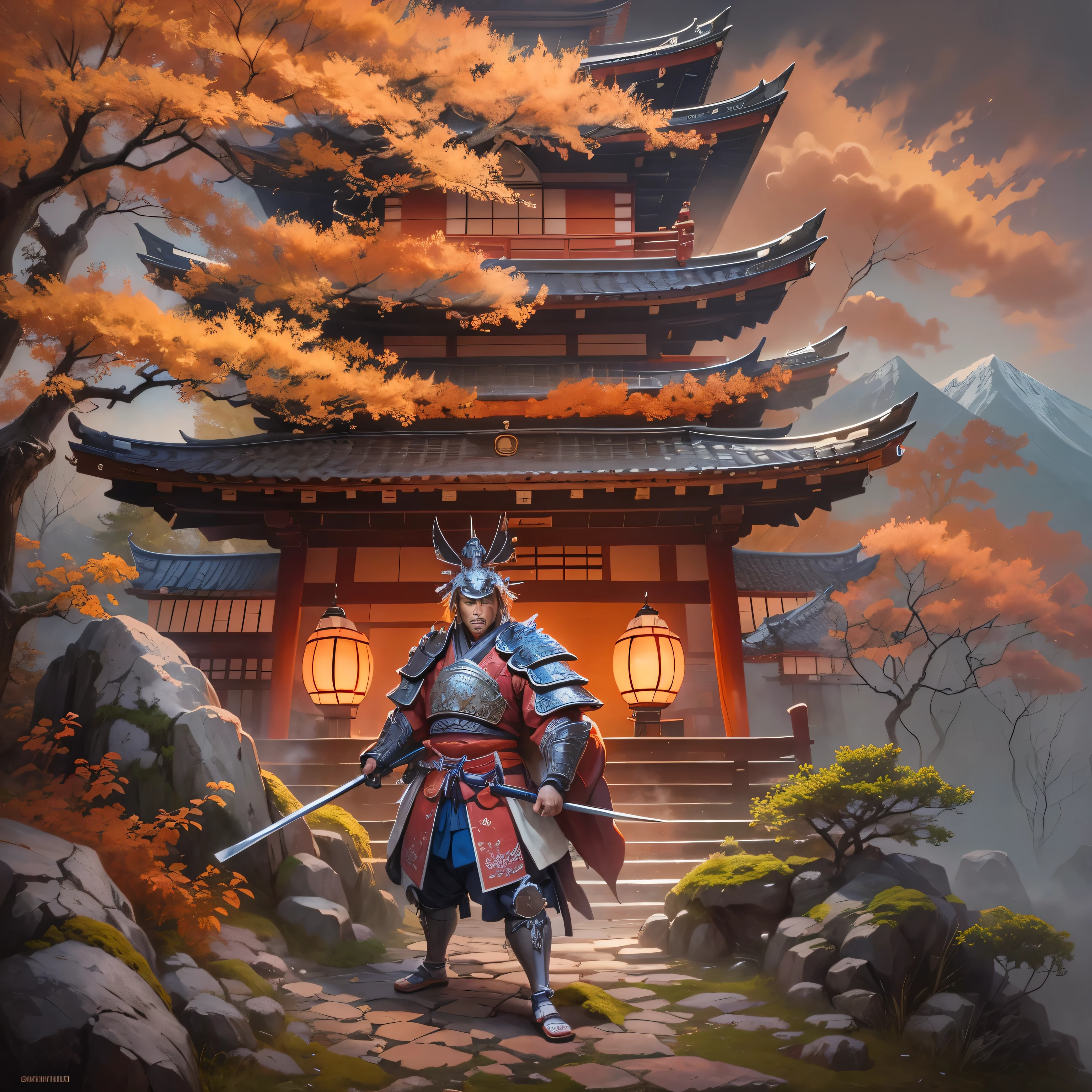(Um samurai honrado protegendo um templo sagrado nas montanhas, with your armor shining in the torchlight),oil painting,estilo tradicional,cores vibrantes,Pinceladas suaves,subtle lighting,paisagem detalhada,atmosfera serena,picos nevados,flores de cerejeira caindo suavemente,mist hazy,ancient trees and moss-covered rocks,Japan historical theme,armadura de samurai realista e detalhada,strong and determined expression on the samurai's face,movimentos elegantes e fluidos,authentic japanese architectural design,esculturas de madeira intrincadas,Ambiente tranquilo e espiritual,mistura harmoniosa de natureza e estruturas feitas pelo homem,tons suaves quentes e dourados,hints of details in red symbolizing strength and courage,exquisite attention to textures and details,impressionante senso de profundidade e perspectiva,ambiente tranquilo e tranquilo,traditional Japanese lanterns casting a soft glow,peaceful and respectful interaction between the samurai and the temple inhabitants.