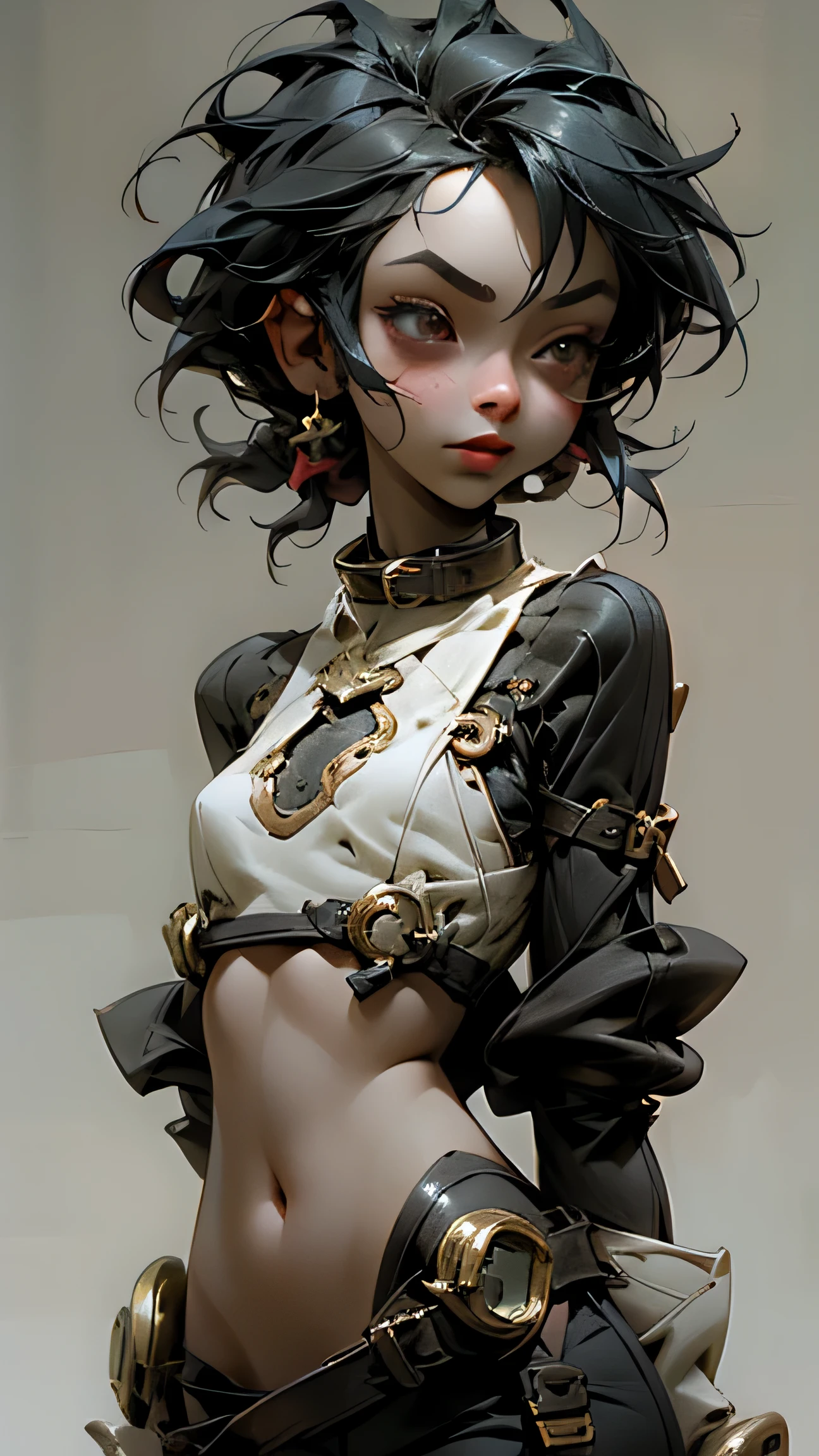 1 beautiful girl of the dragon race (18 anos), (pele escura:1.3), mechanical body, olhos escuros, tronco, cintura fina, peito pequeno natural, pose sexy, seductive expression, franja, Random hairstyle, decote, umbigo, colarinho, colarinhobone, fora do ombro, sorriso sedutor, use roupas quentes e sexy com detalhes complexos, Dragon Costume, Cor azeitona, random light color, Corpo todo. cor cinza lisa para fundo