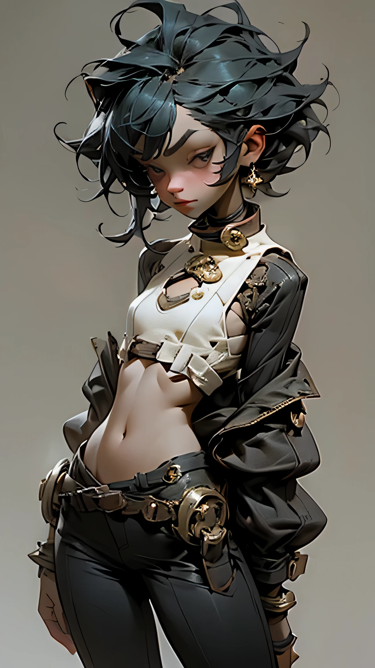 1 beautiful girl of the dragon race (18 anos), (pele escura:1.1), mechanical body, olhos escuros, tronco, cintura fina, peito pequeno natural, pose sexy, seductive expression, franja, Random hairstyle, decote, umbigo, colarinho, colarinhobone, fora do ombro, sorriso sedutor, use roupas quentes e sexy com detalhes complexos, Dragon Costume, Cor azeitona, random light color, Corpo todo. cor cinza lisa para fundo